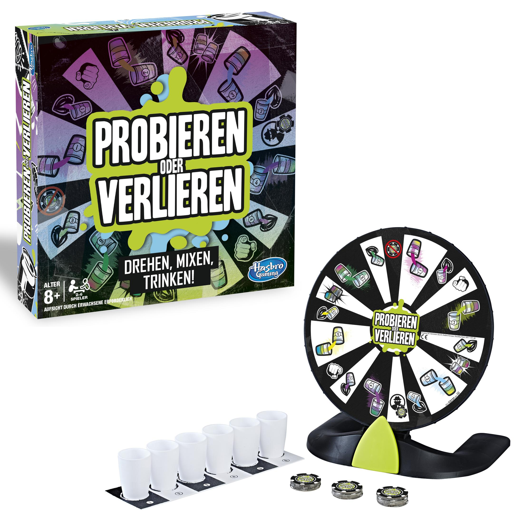 Spiel 'Probieren oder Verlieren' mit Verpackung, schwarzem Drehrad, sechs weißen Bechern und Marken.