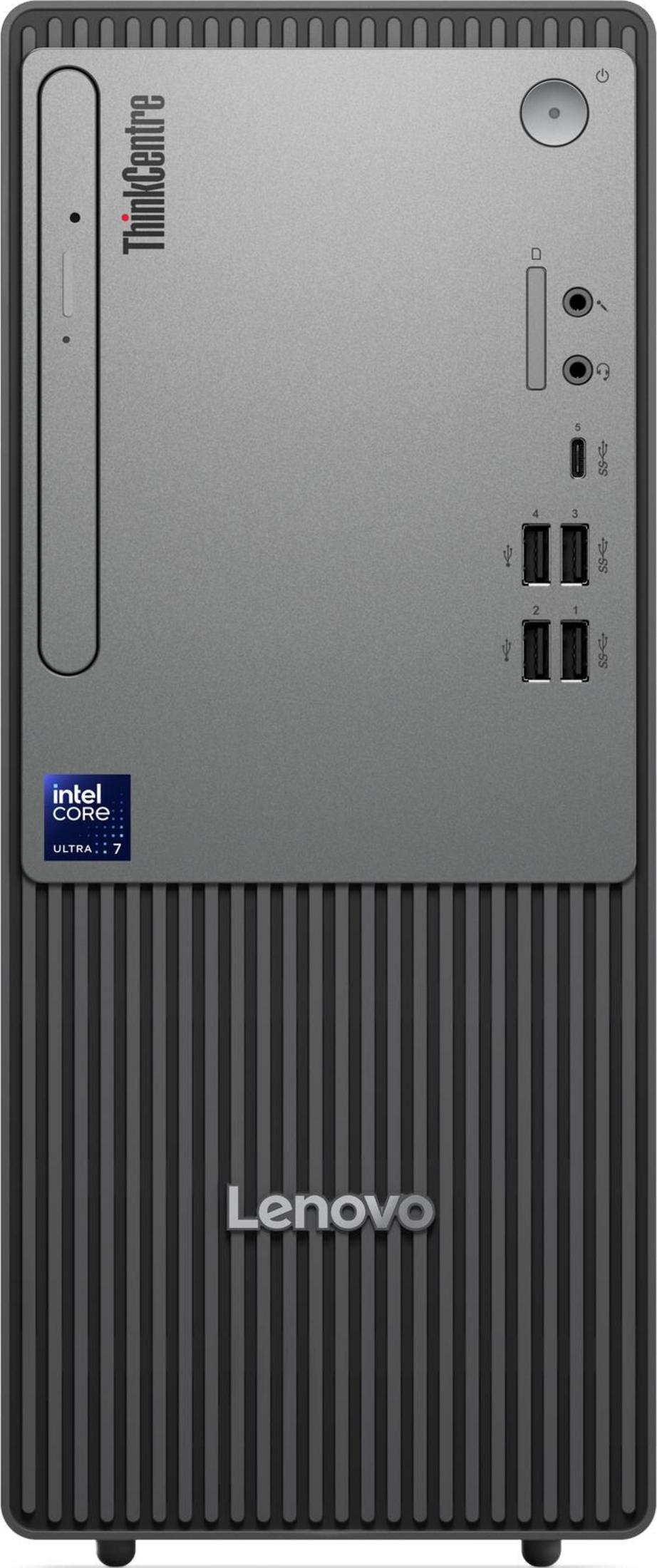 Widok z przodu szarego komputera stacjonarnego Lenovo ThinkCentre z pionowymi żebrami.