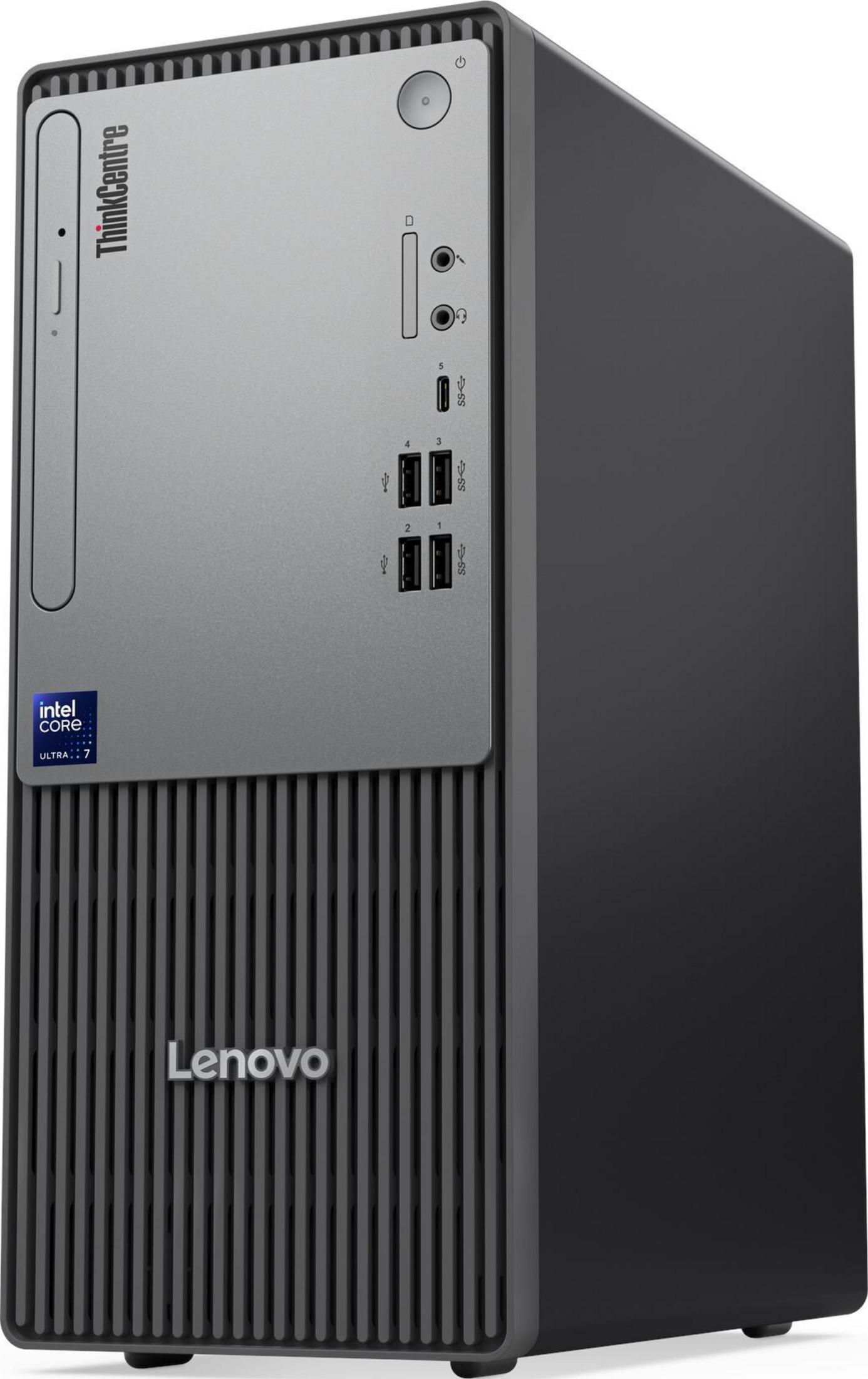 Czarna wieża stacjonarna Lenovo ThinkCentre z portami USB, gniazdami audio i etykietą Intel Core Ultra 7.