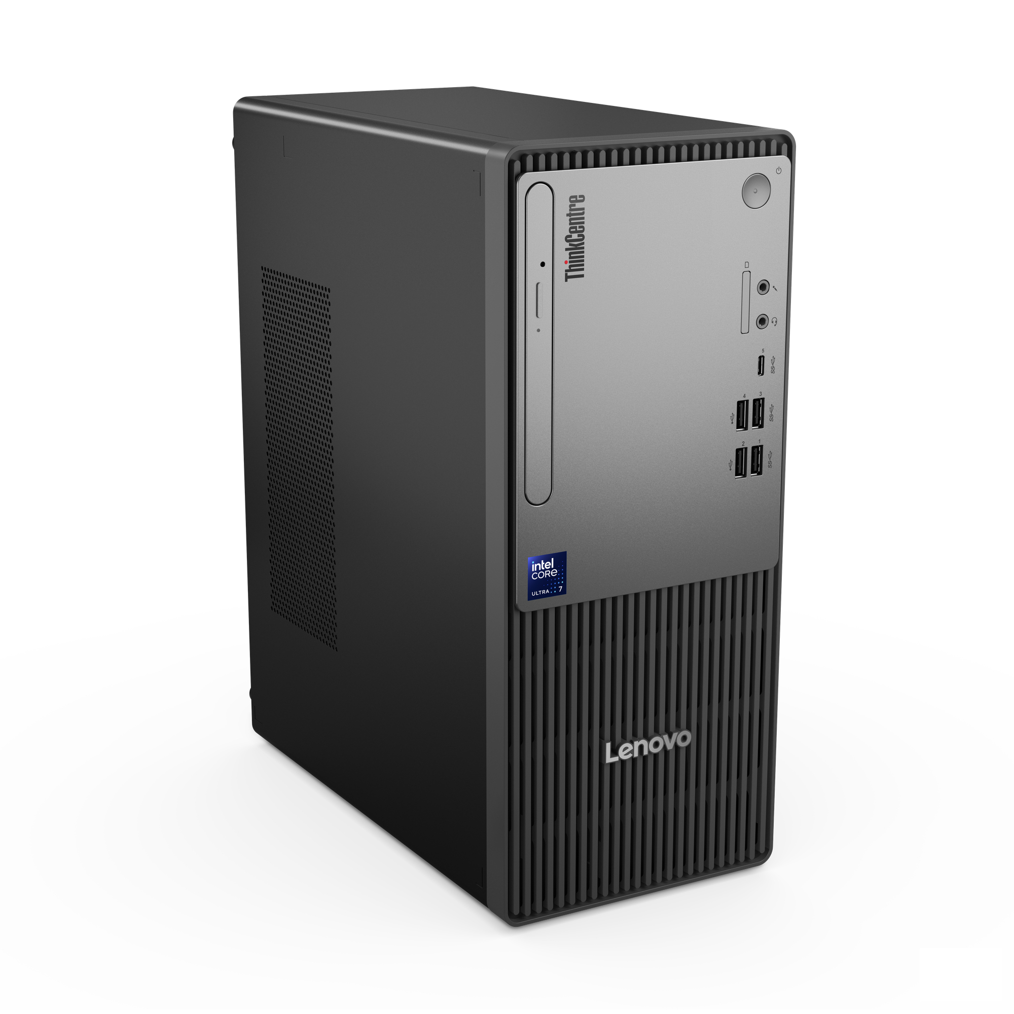 Czarny komputer stacjonarny Lenovo ThinkCentre z logo Intel Core Ultra 7.