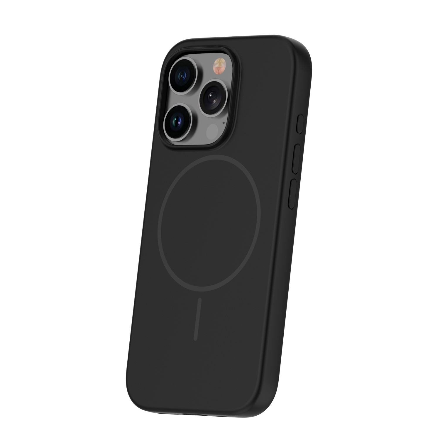 Eine schwarze Smartphone-Hülle mit MagSafe-Ring und Ausschnitt für die Dreifachkamera.