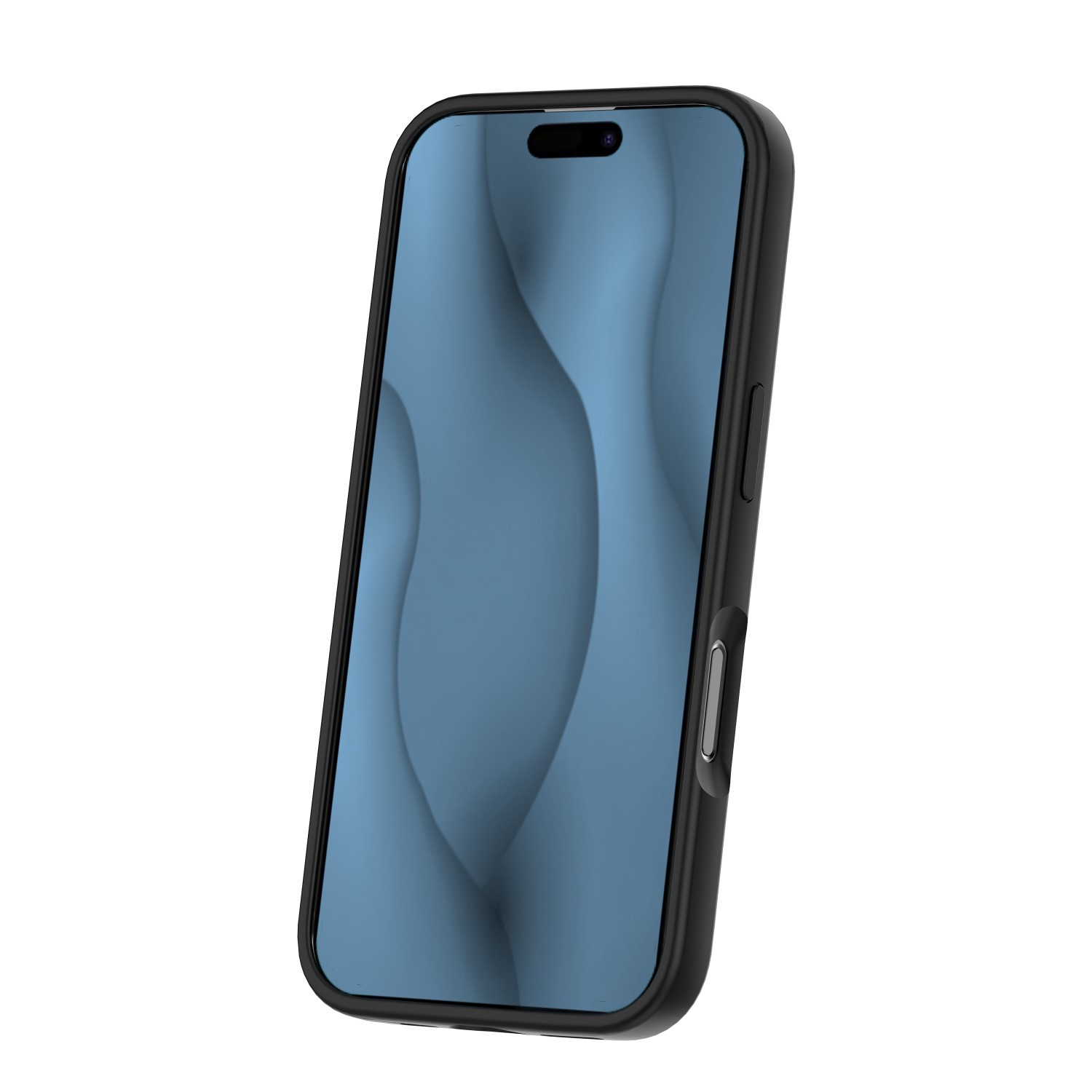 Ein schwarzes Smartphone mit blauer Wellen-Hintergrundgrafik steht leicht schräg.