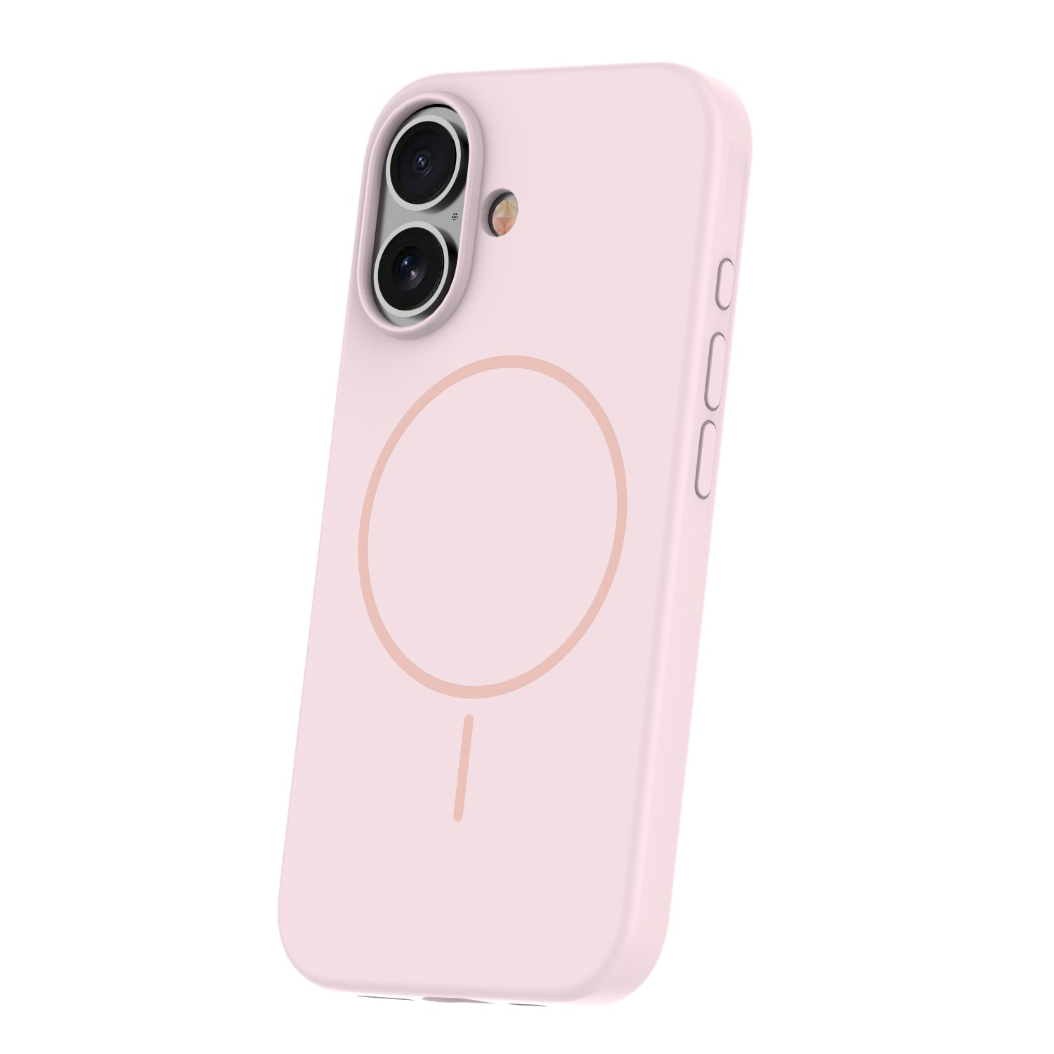 Eine hellrosa Smartphone-Hülle mit zwei Kamera-Aussparungen, magnetischem Ladering und Seitentasten auf weißem Hintergrund.
