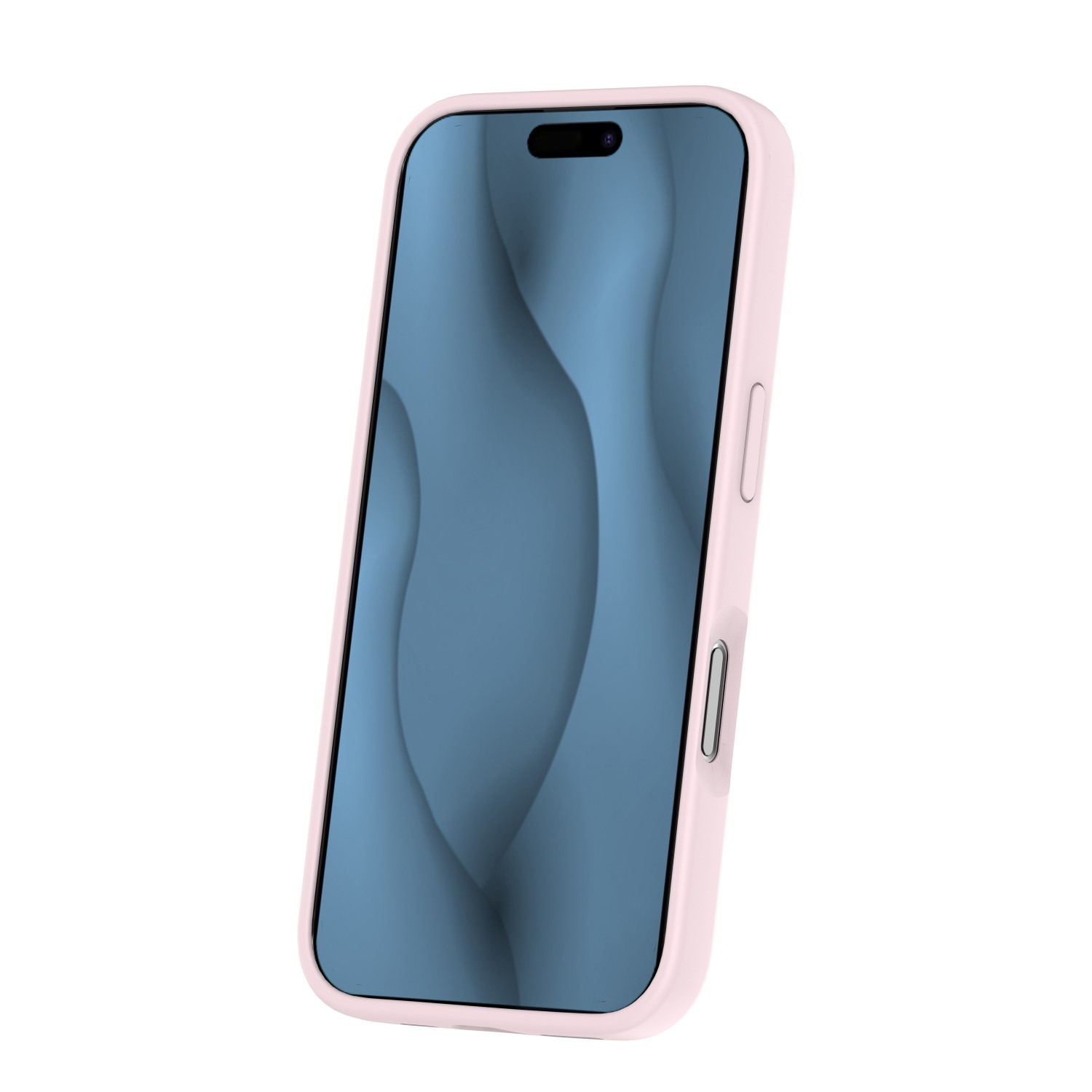 Ein Smartphone in einer rosa Hülle mit einem blauen Wellenmuster auf dem Bildschirm vor weißem Hintergrund.