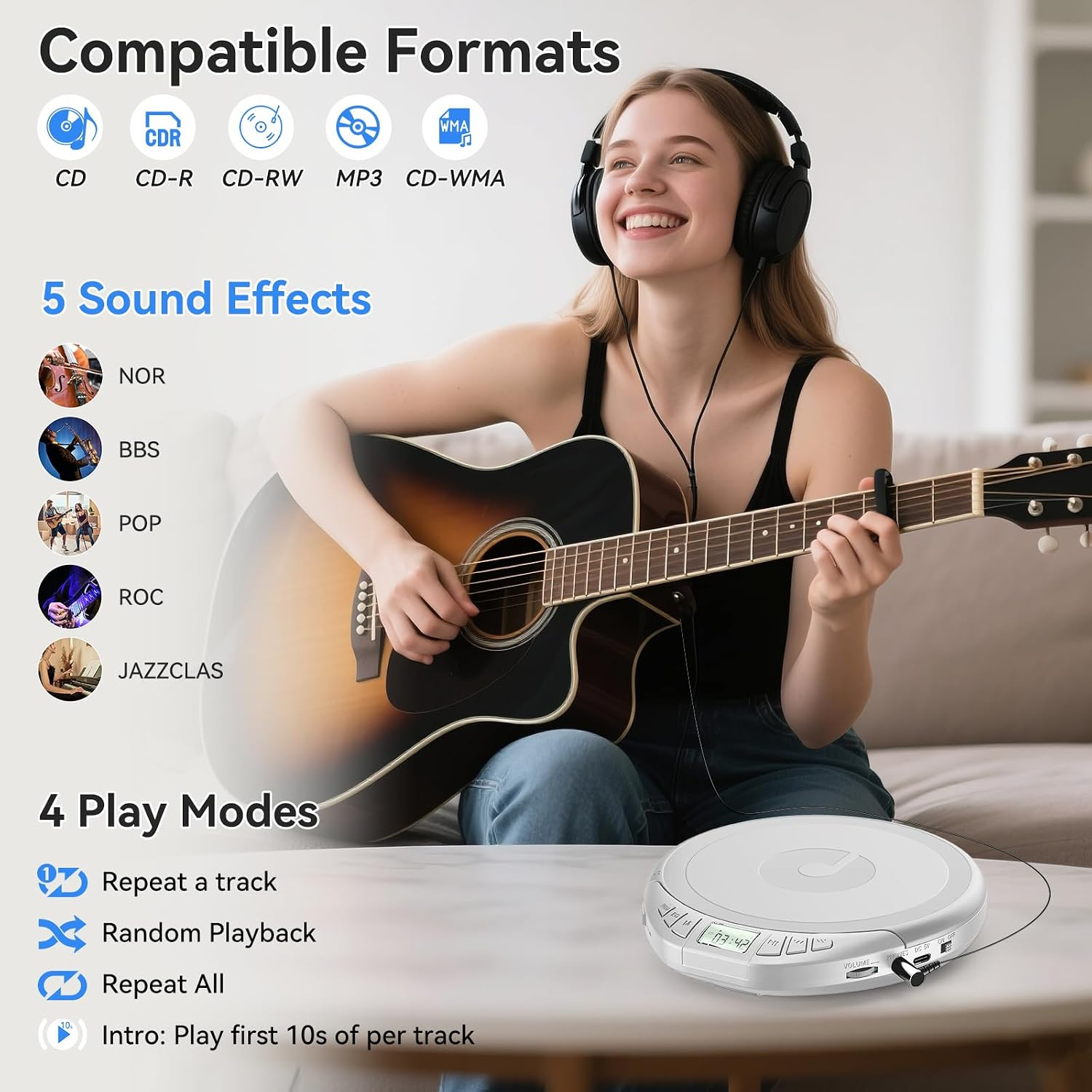Eine lächelnde Frau mit Kopfhörern spielt Akustikgitarre neben einem CD-Player und Funktionssymbolen.