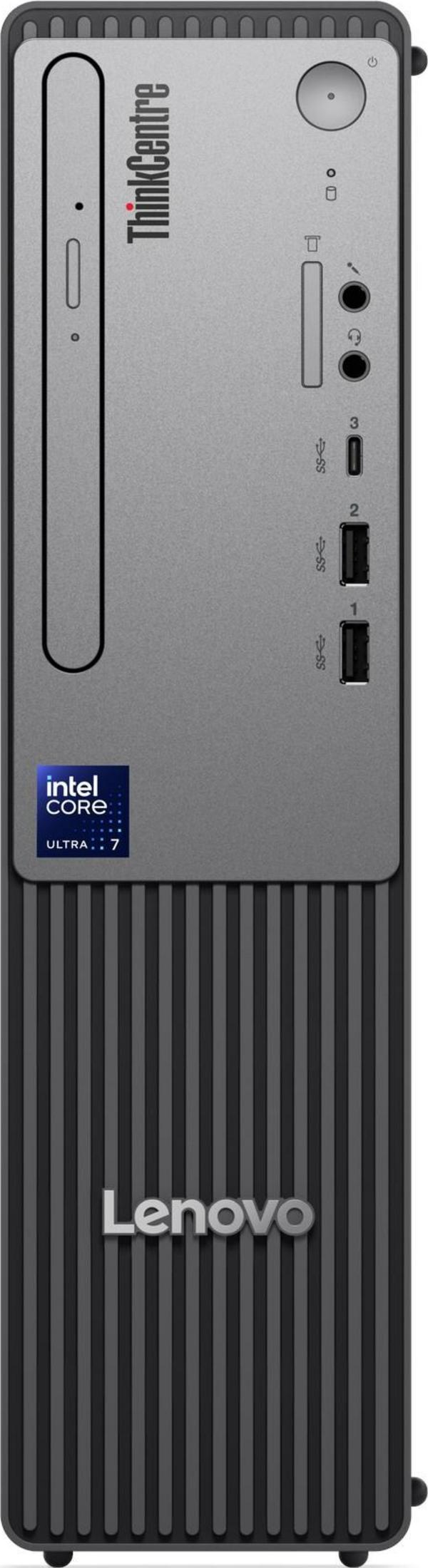 Widok z przodu szarego komputera stacjonarnego Lenovo ThinkCentre z portami USB, gniazdami audio i logo Intel Core Ultra 7.