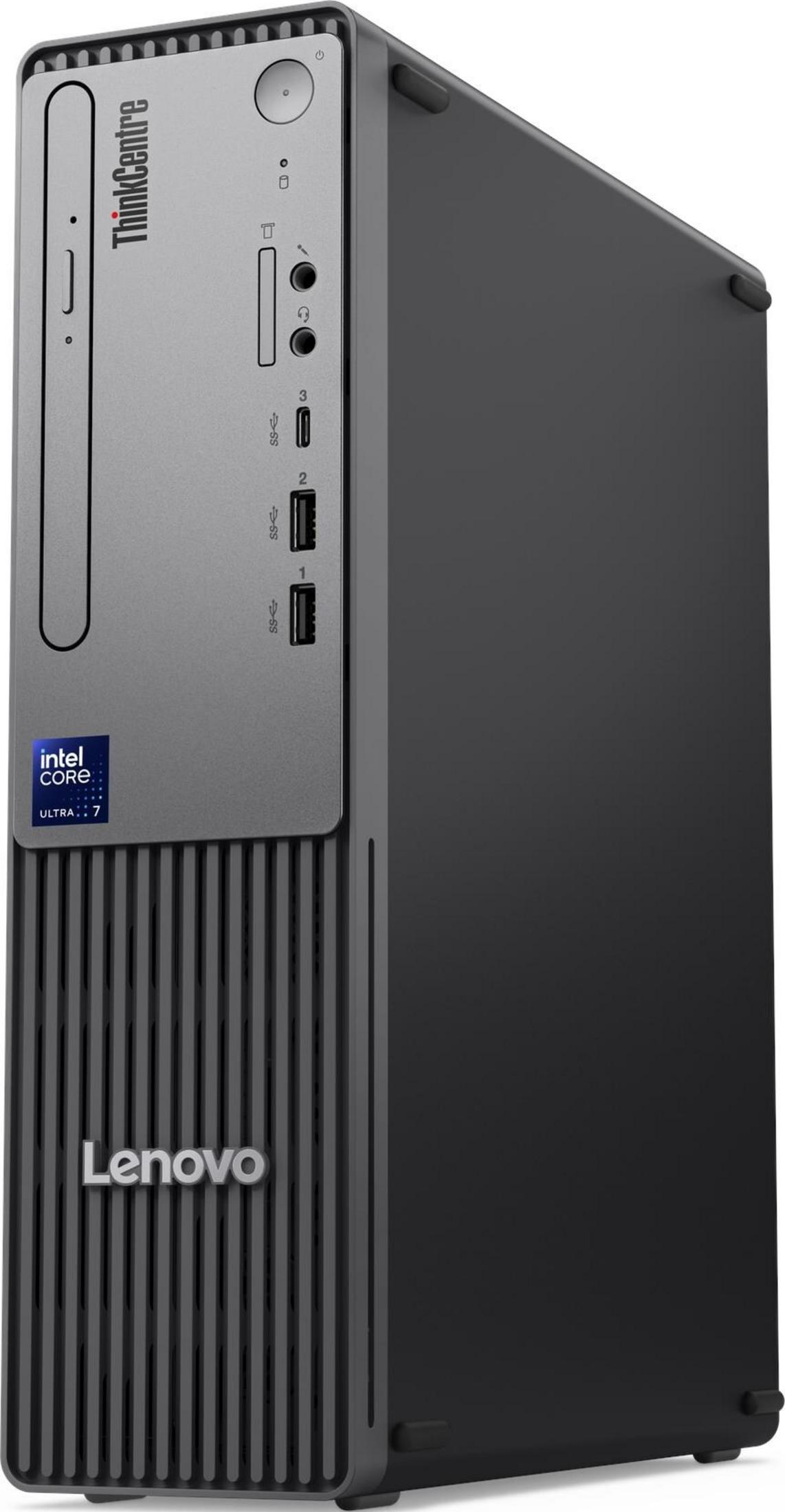 Czarno-srebrna wieża komputera stacjonarnego Lenovo ThinkCentre z widocznymi portami i logo.