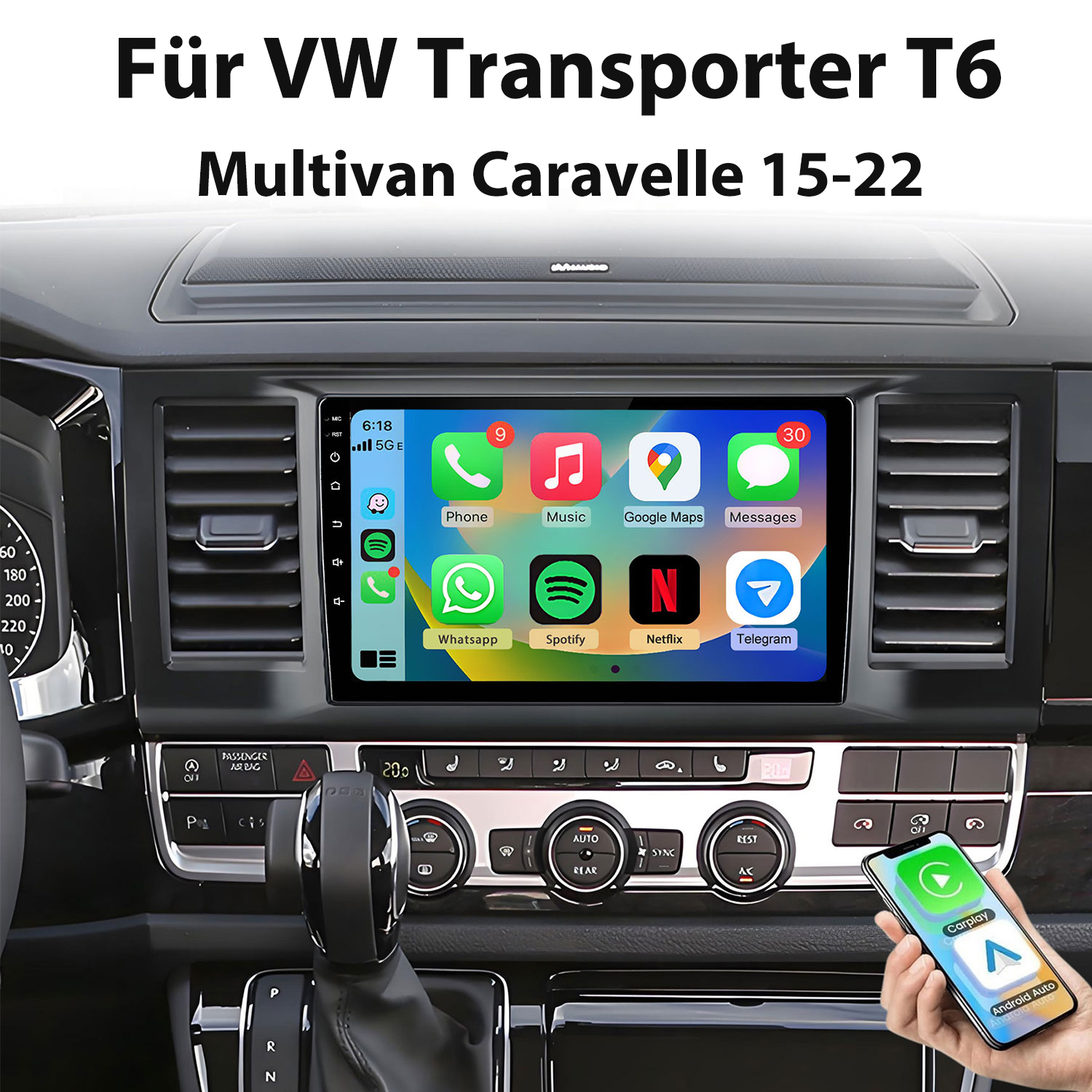 VW Transporter T6 Armaturenbrett mit Display und App-Icons.