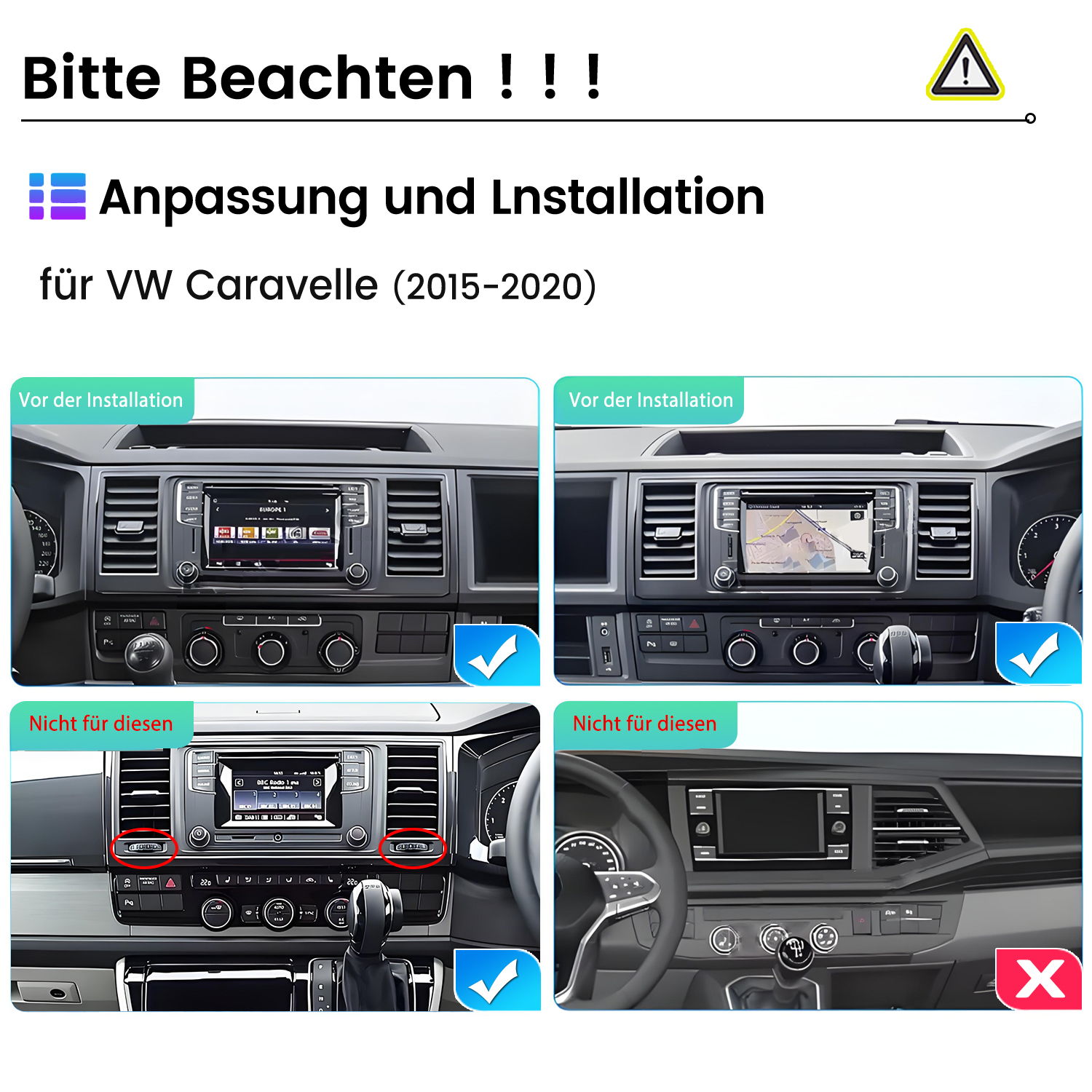 Anpassungshinweise für VW Caravelle 2015-2020 zeigen kompatible und inkompatible Dashboards.