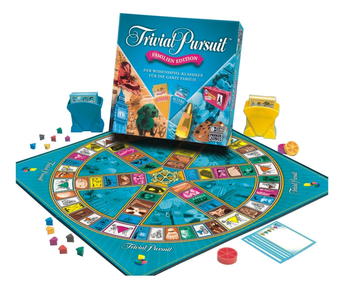 Das Trivial Pursuit Familien Edition Brettspiel mit blauem Spielplan, Kartenhaltern, bunten Steinen und Spielschachtel.