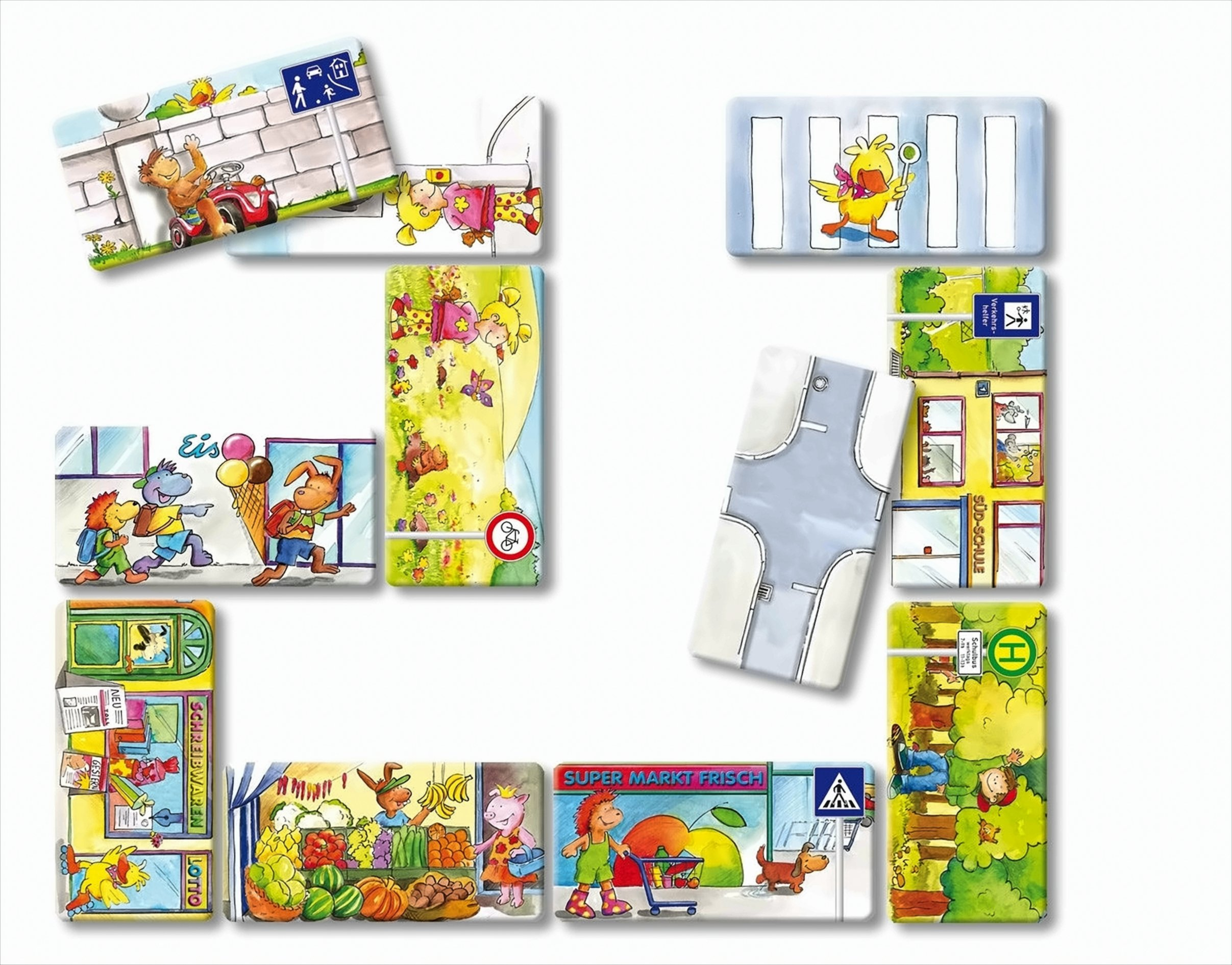 Bunte illustrierte Domino-Spielsteine mit Straßenszenen, Tieren und Kindern auf weißem Hintergrund.
