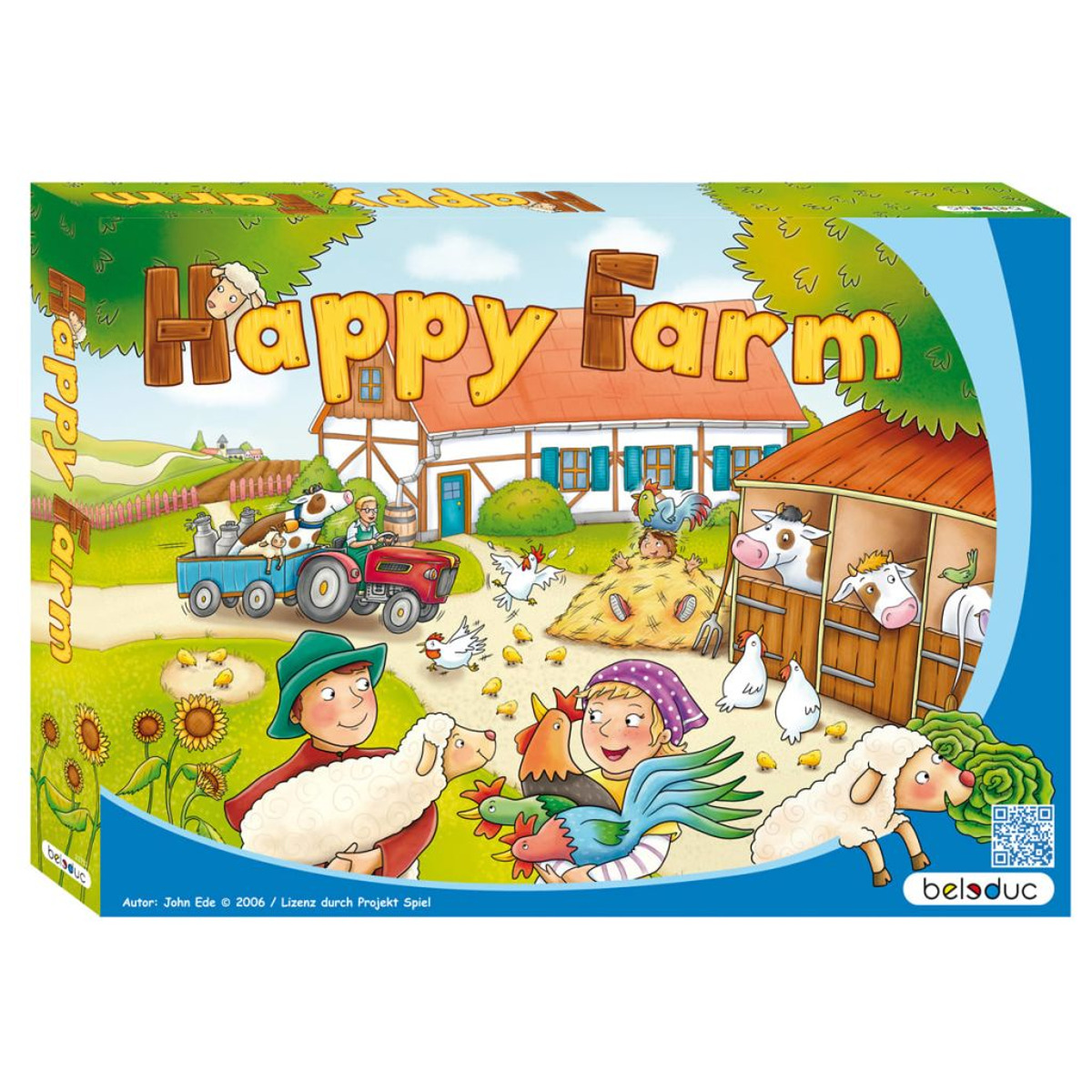 Fröhliche Farm Brettspielbox mit Bauern, Tieren und Scheune.