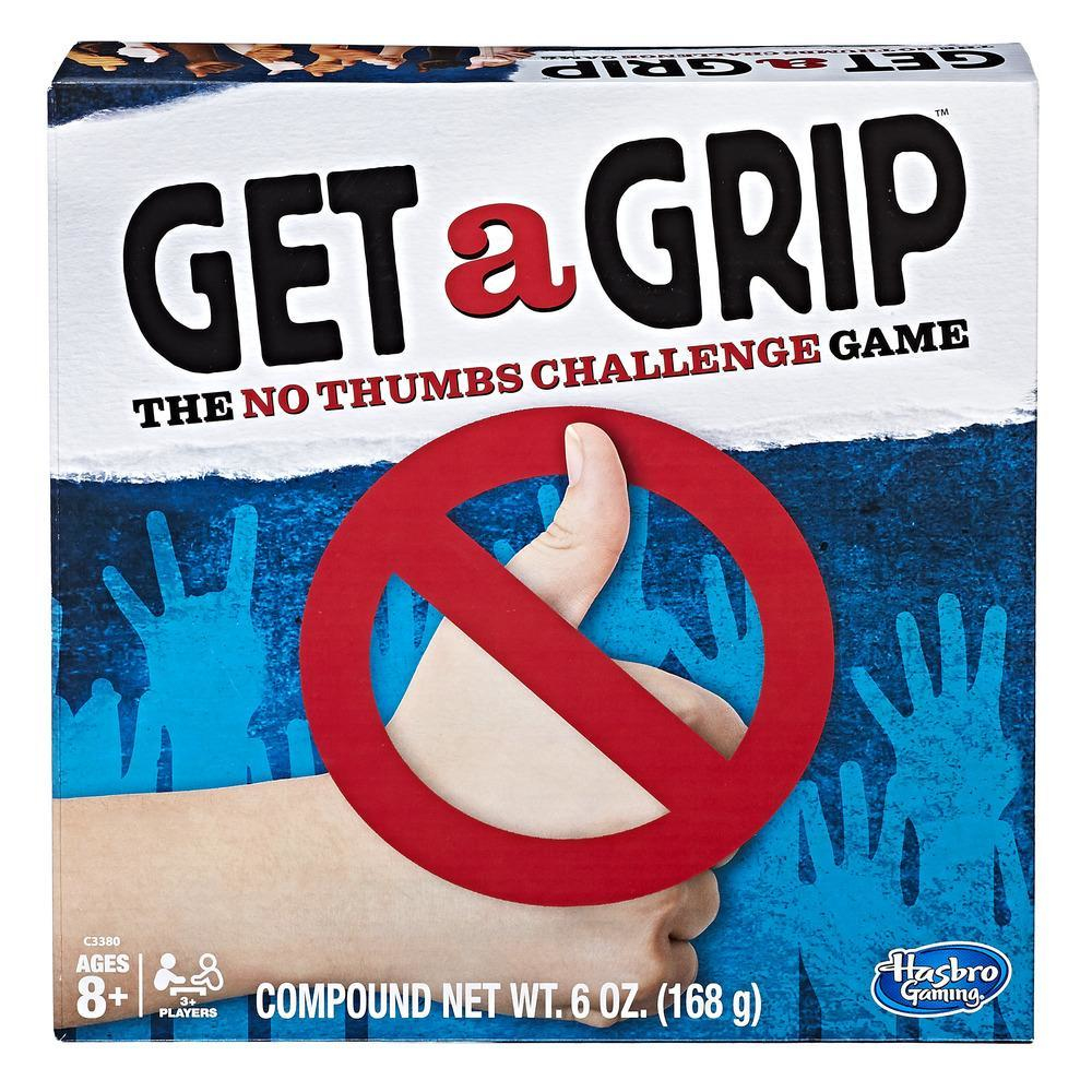 Schachtel des Brettspiels Get a Grip von Hasbro mit einem Daumen in Klebeband und einem roten Verbotssymbol.