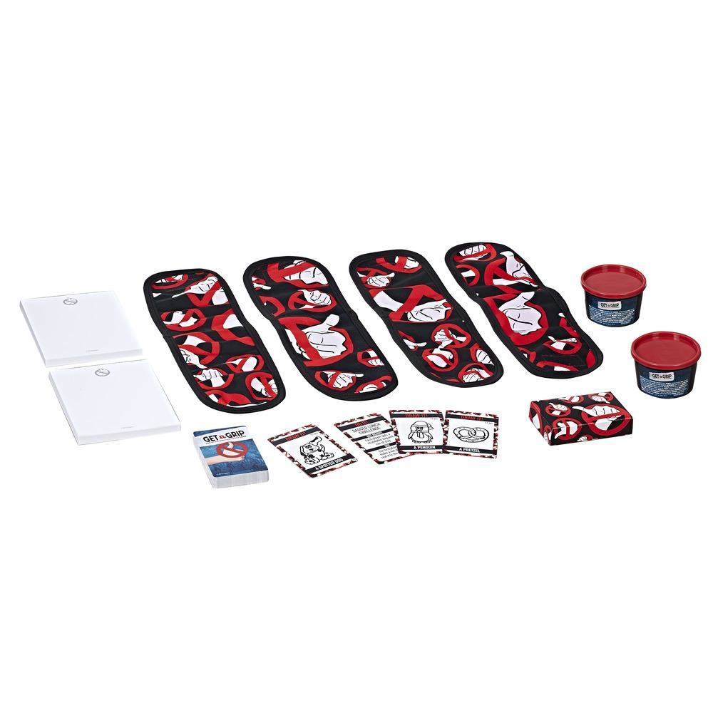 Get A Grip Partyspiel mit vier Armbändern, Modellierclay, Notizblöcken und Spielkarten.