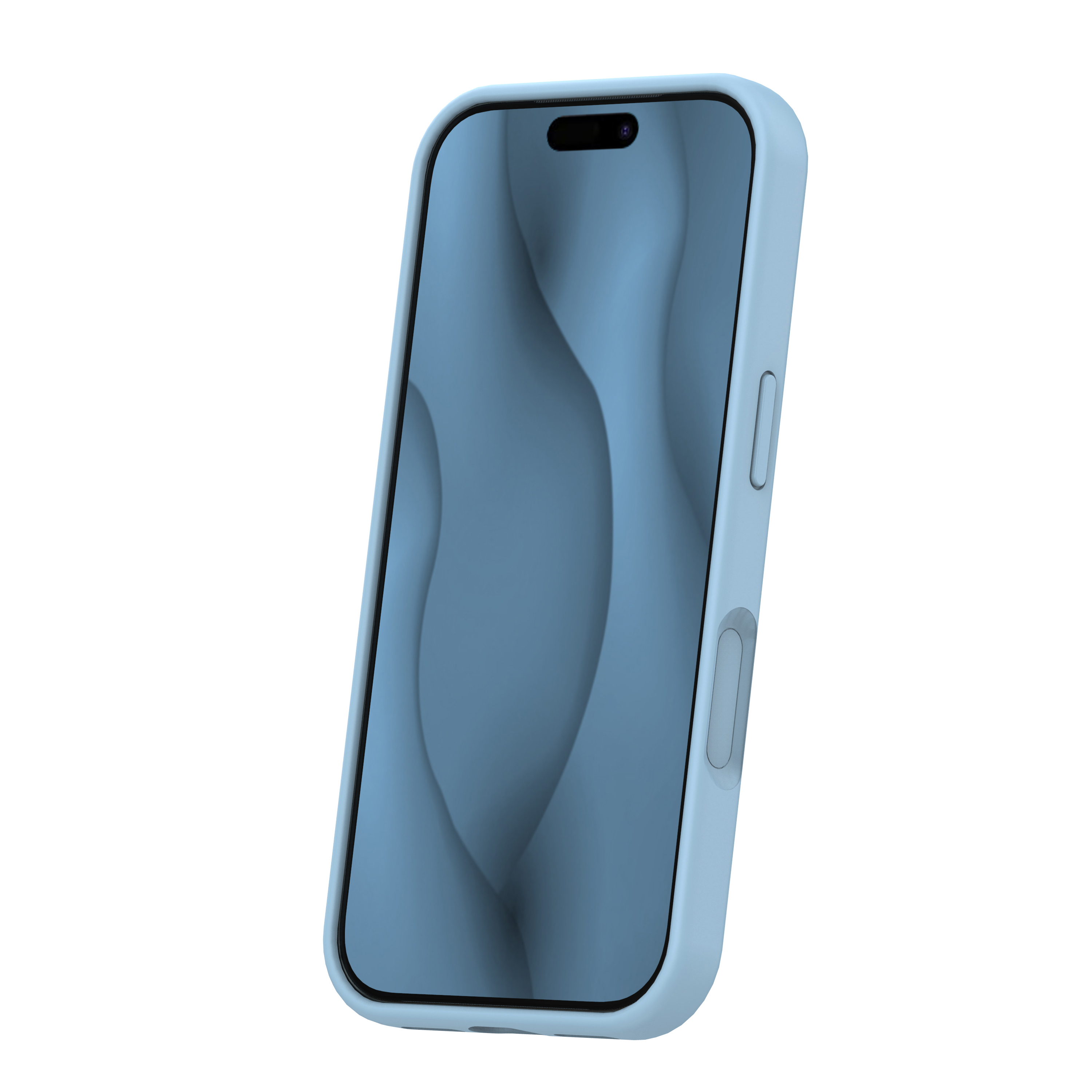 Hellblaues Smartphone in einer Schutzhülle mit passendem blauen Wellenhintergrund auf dem Bildschirm.