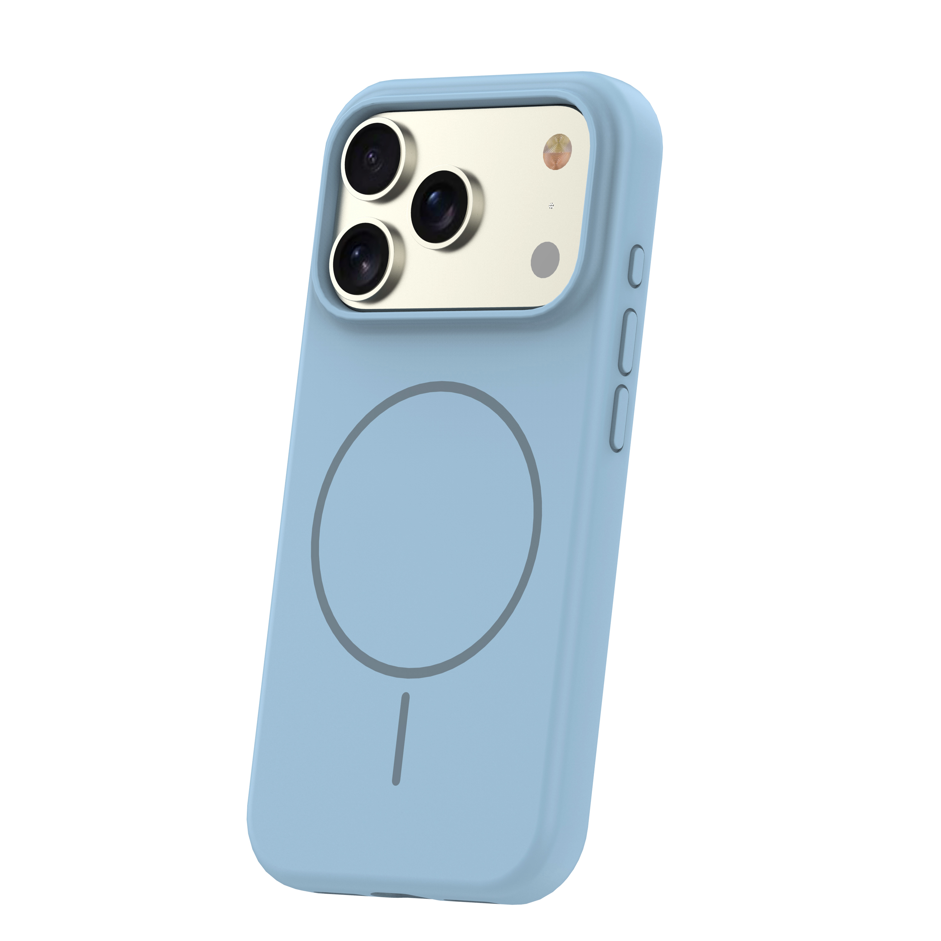 Eine hellblaue Smartphone-Hülle mit einem kreisförmigen MagSafe-Ring und drei Kameralinsen.