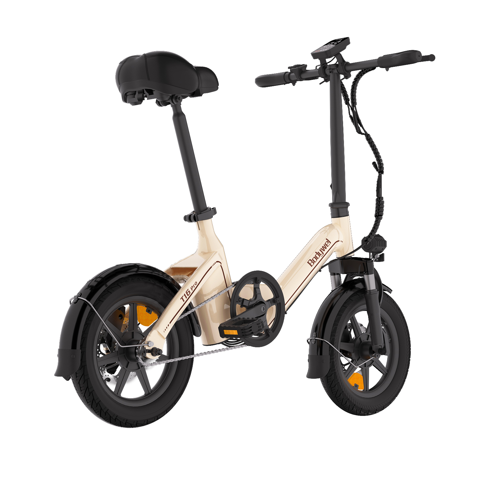 Ein beige-schwarzes Faltrad-E-Bike mit kleinen Rädern, schwarzem Sattel und einem zentralen Display.