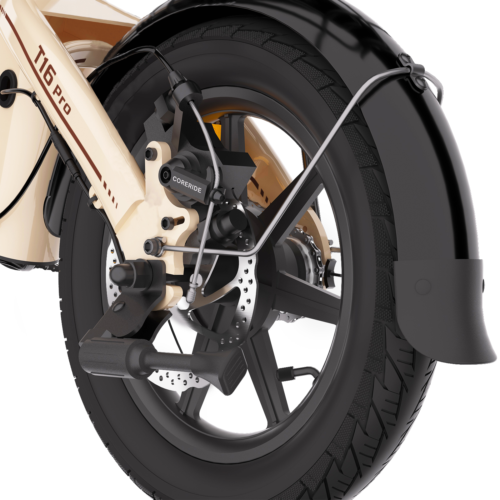 Nahaufnahme eines Fahrrad-Vorderrads, Scheibenbremse mit CORERIDE-Schriftzug, schwarzem Schutzblech und cremefarbenem Rahmen.