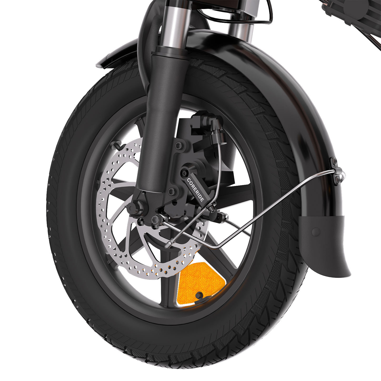 Nahaufnahme eines Fahrrad-Vorderrads mit Scheibenbremsen, schwarzem Schutzblech und Federgabel.