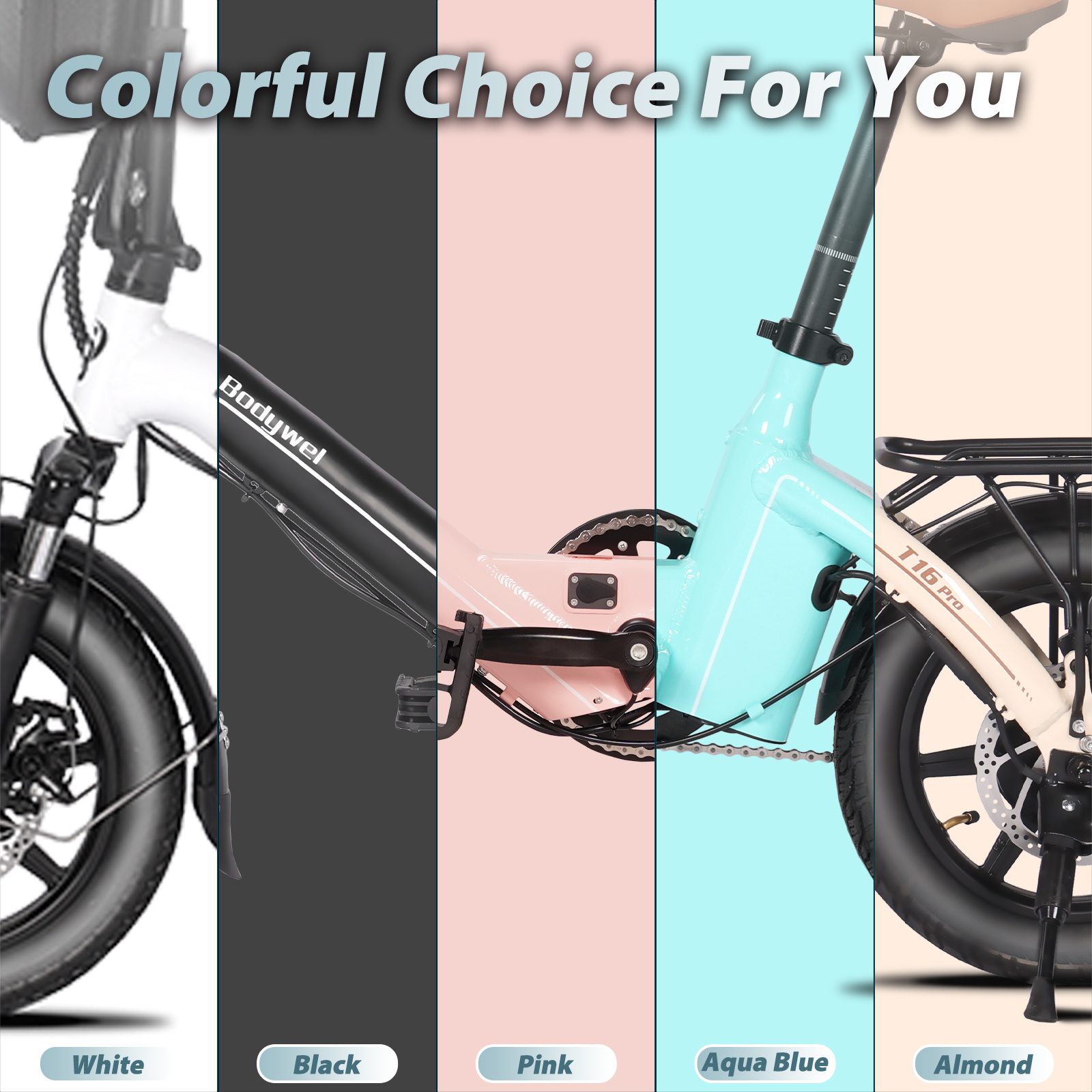 Ein Faltfahrrad in fünf verschiedenen Farben: Weiß, Schwarz, Rosa, Hellblau und Beige, mit dem Text "Colorful Choice For You".