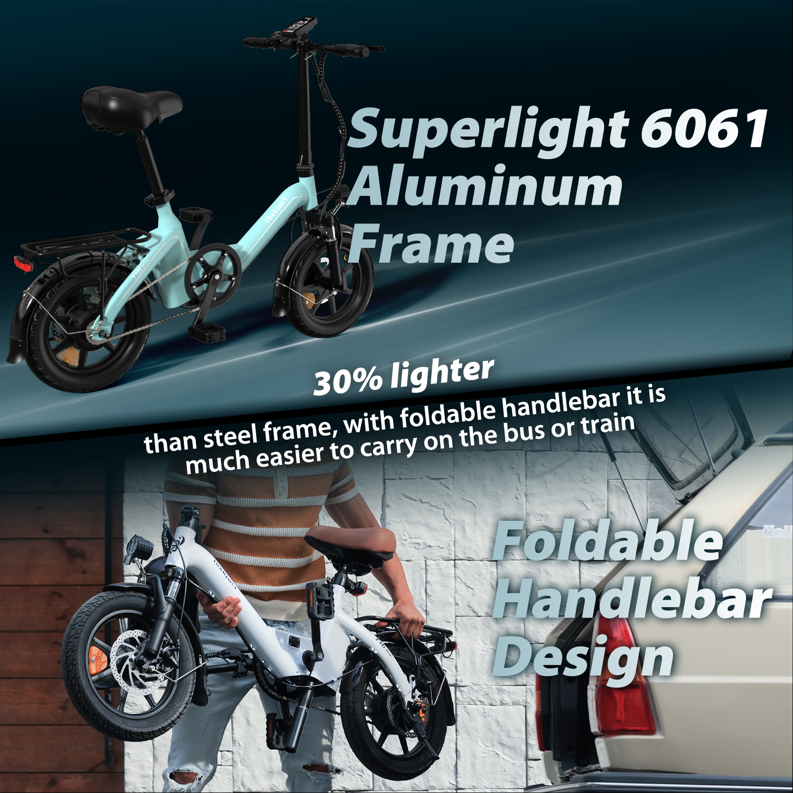 Ein hellblaues E-Bike und eine Person, die ein zusammengeklapptes weißes E-Bike in ein Auto lädt.