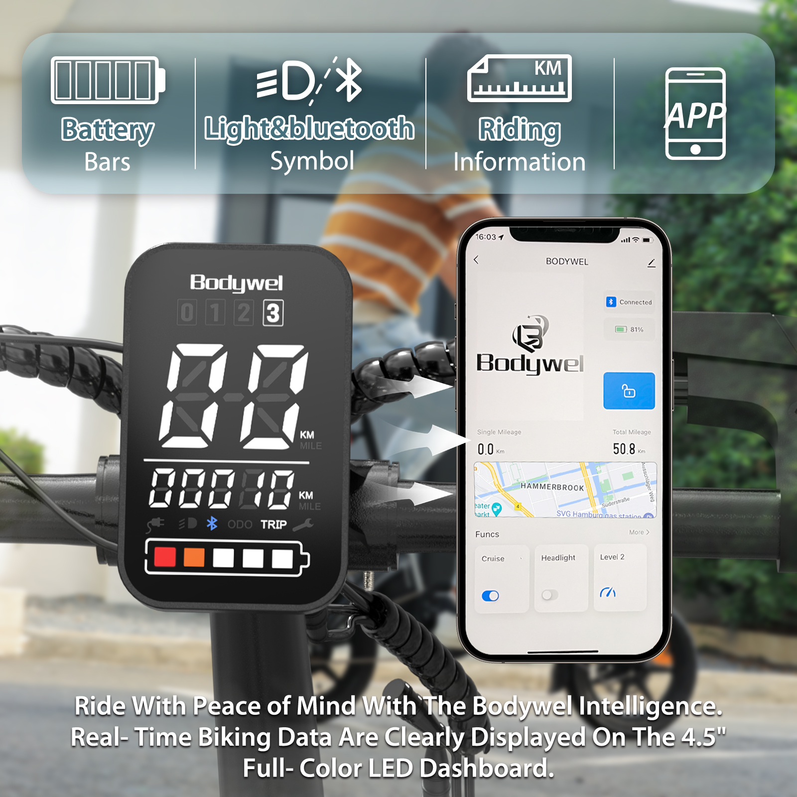 LED-Dashboard und Smartphone-App zeigen E-Bike-Fahrdaten und Symbole an.