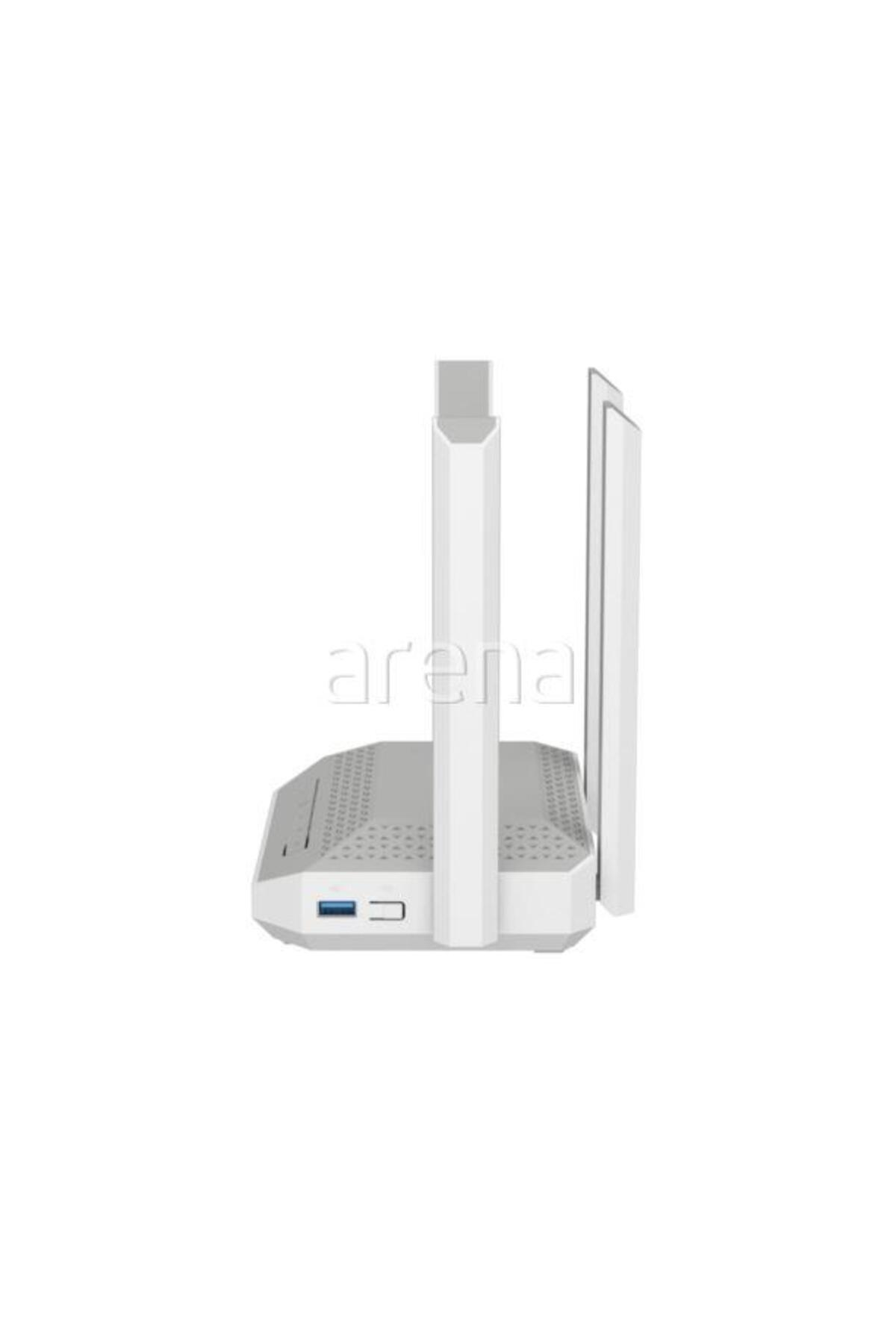 Ön tarafta USB bağlantı noktalarına ve iki dikey antene sahip beyaz renkli kablosuz bir yönlendirici.