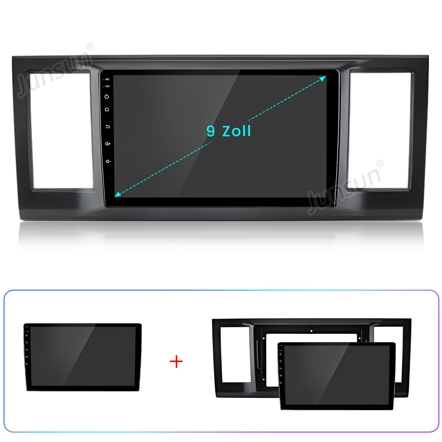 Ein 9-Zoll-Auto-Multimedia-Player in einem schwarzen Armaturenbrett-Rahmen mit Zusatzbildern unten.
