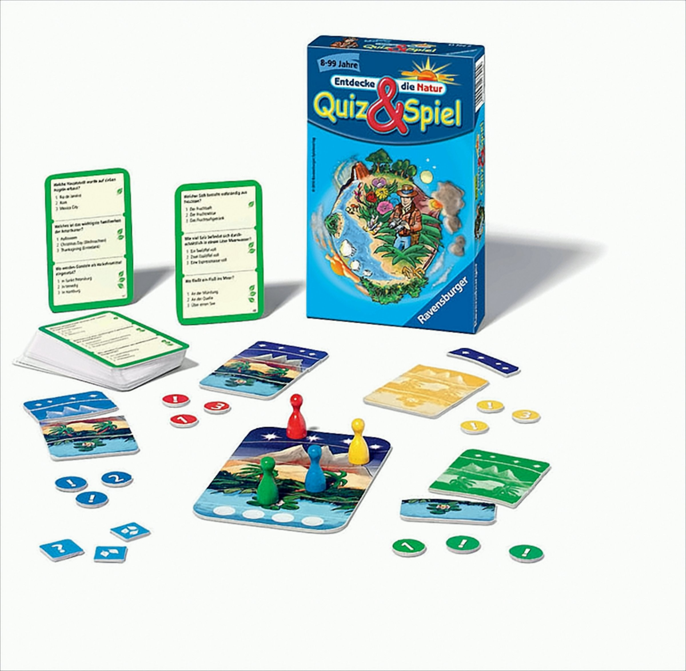 Ravensburger Quiz-und-Spiel Box mit Karten, Plättchen und Spielfiguren auf weißem Hintergrund.