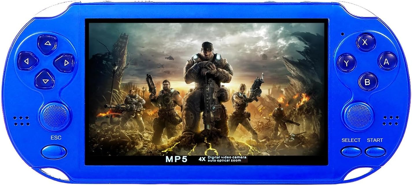 Blaue Handheld-Spielekonsole mit D-Pad, Knöpfen und einem Bildschirm, der ein Kriegsszenario zeigt.