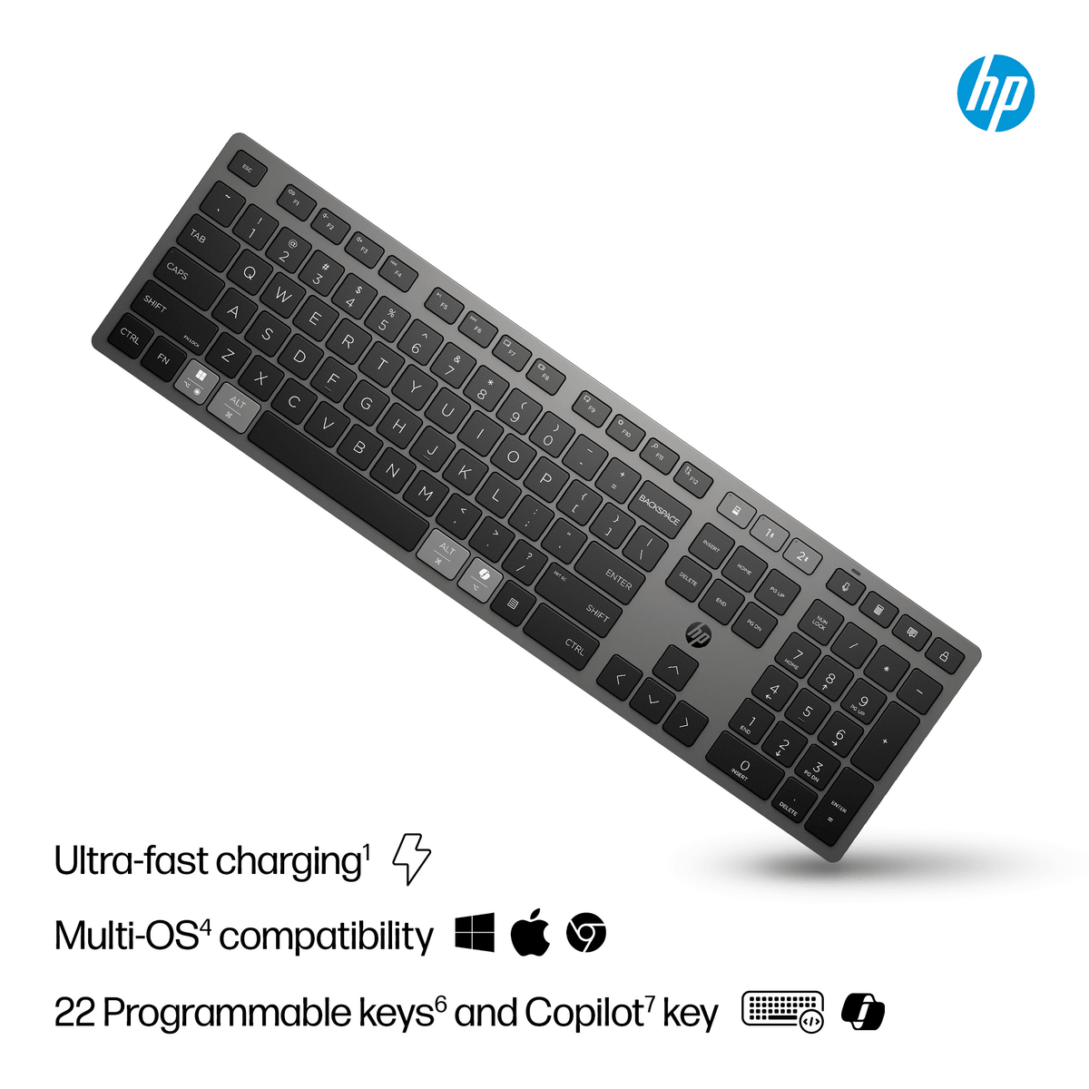 Una tastiera wireless HP grigia su sfondo bianco con icone per la ricarica, i sistemi operativi e i tasti programmabili.