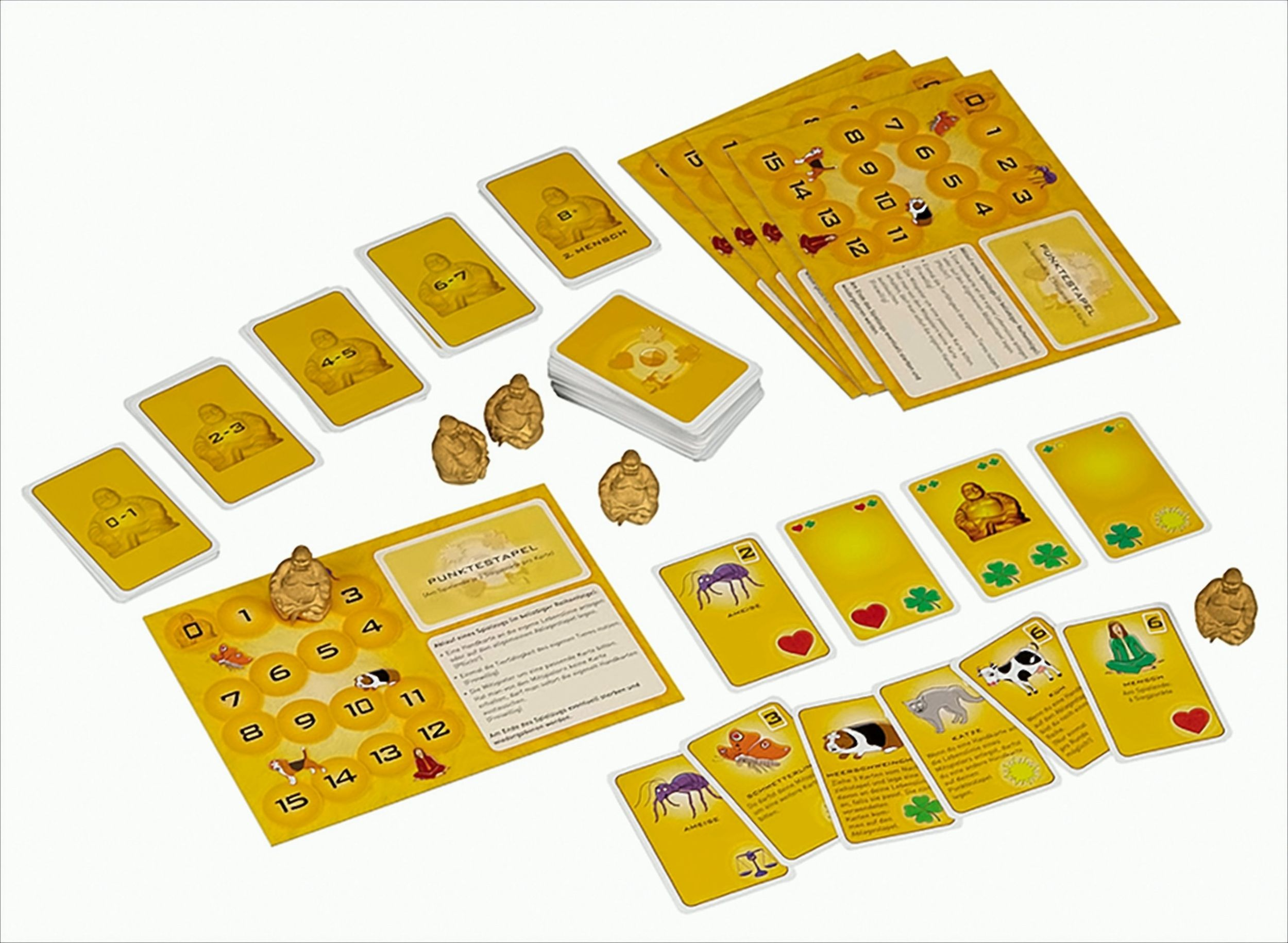 Ein gelbes Brettspiel mit Karten, Figuren und Zähltafeln auf weißem Hintergrund.
