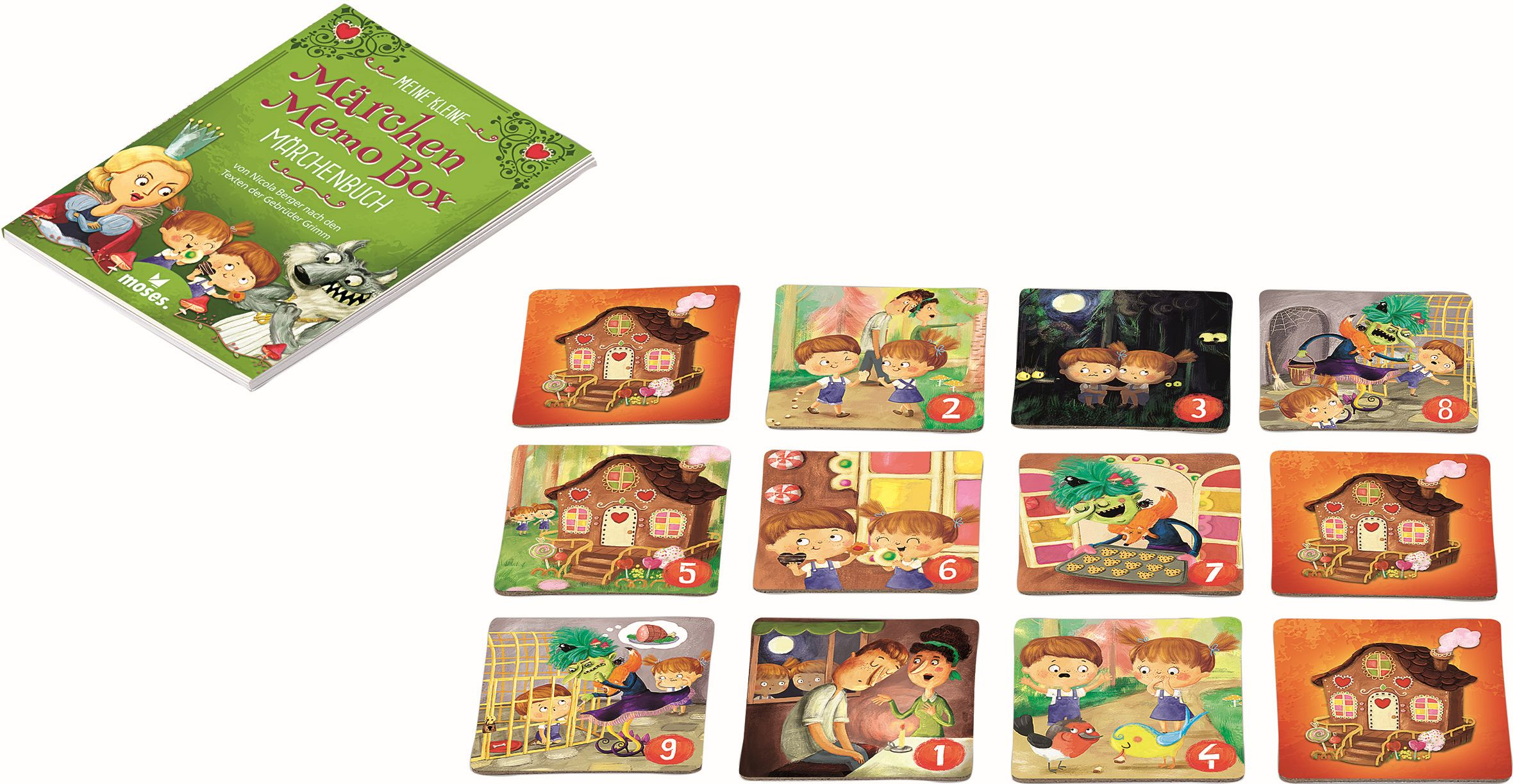 Ein Märchenbuch und zwölf illustrierte Spielkarten mit Szenen von Hänsel und Gretel auf weißem Hintergrund.