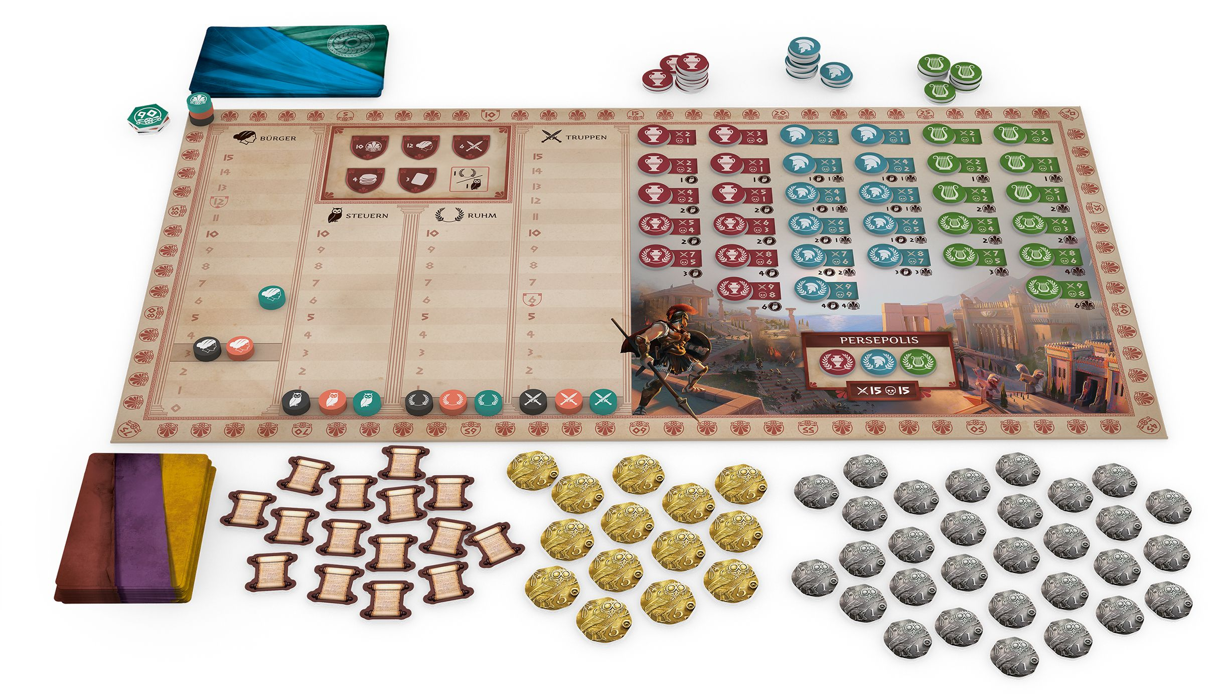 Un jeu de plateau avec un grand plateau central, des cartes, des jetons colorés, des pièces d'or et d'argent.