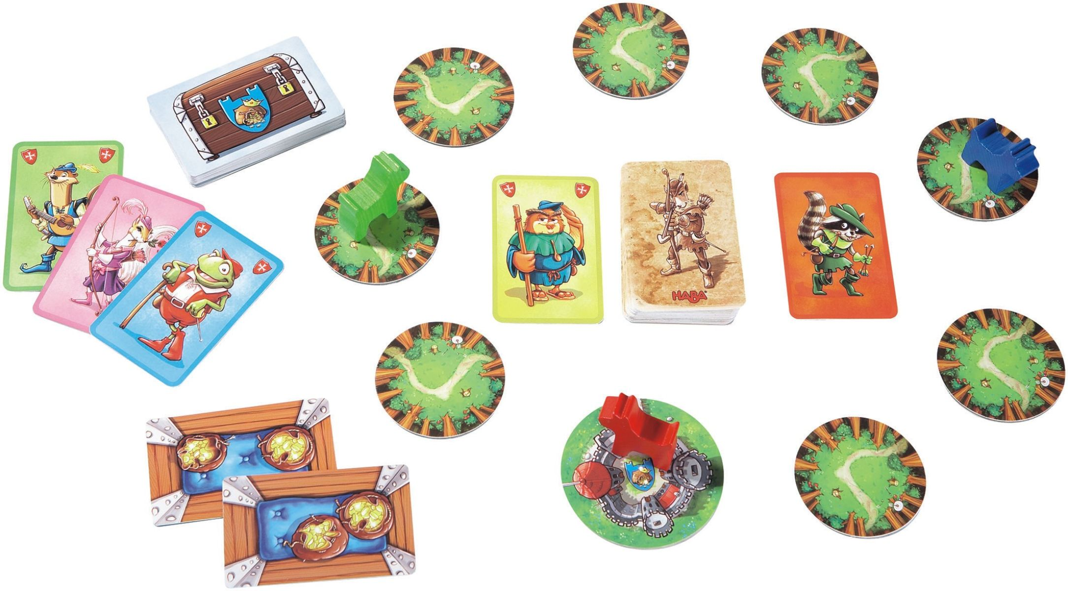 Brettspiel mit Karten, runden Plättchen mit Waldwegen und bunten Tierfiguren.