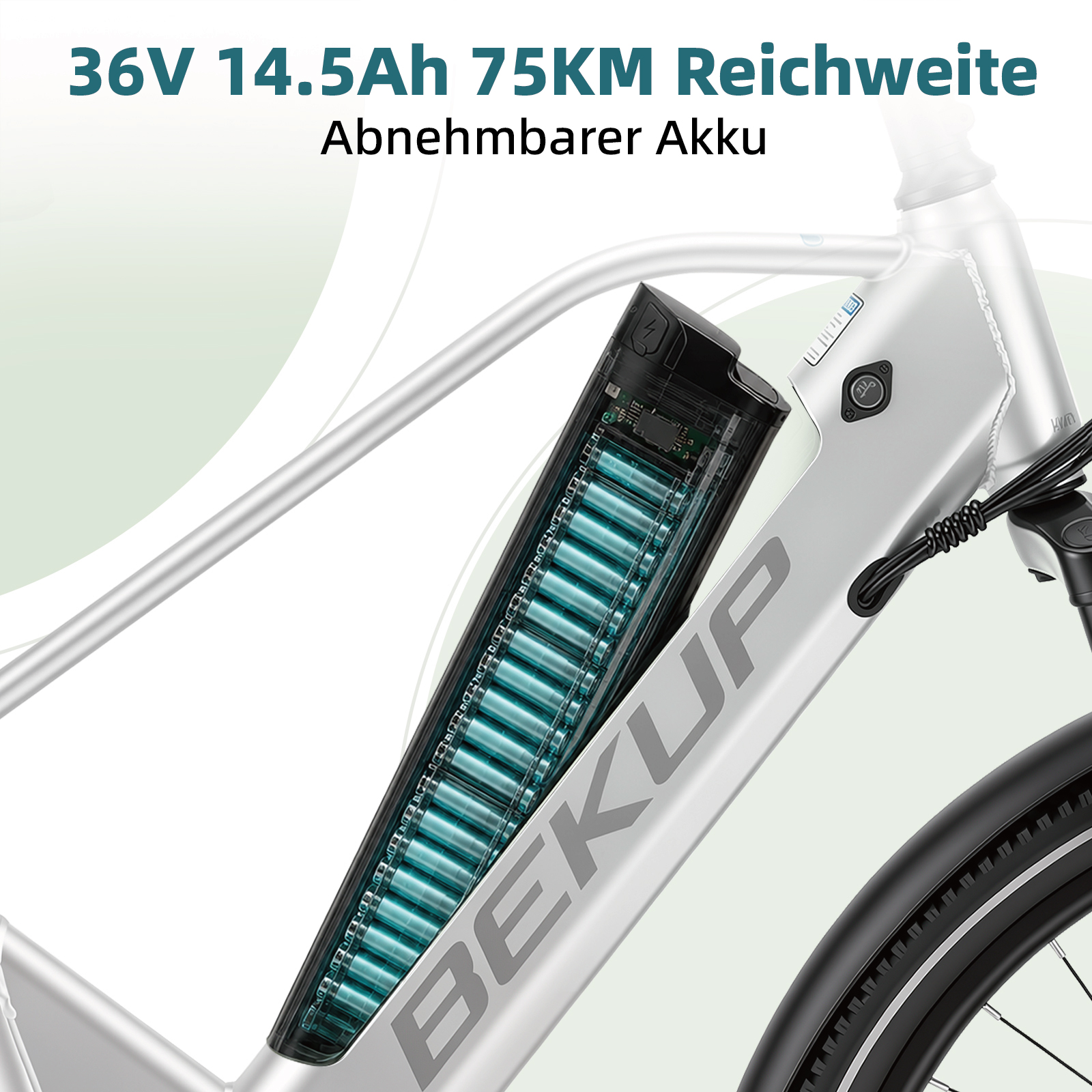 E-Bike Akku mit 36V 14.5Ah und 75KM Reichweite, abnehmbar.