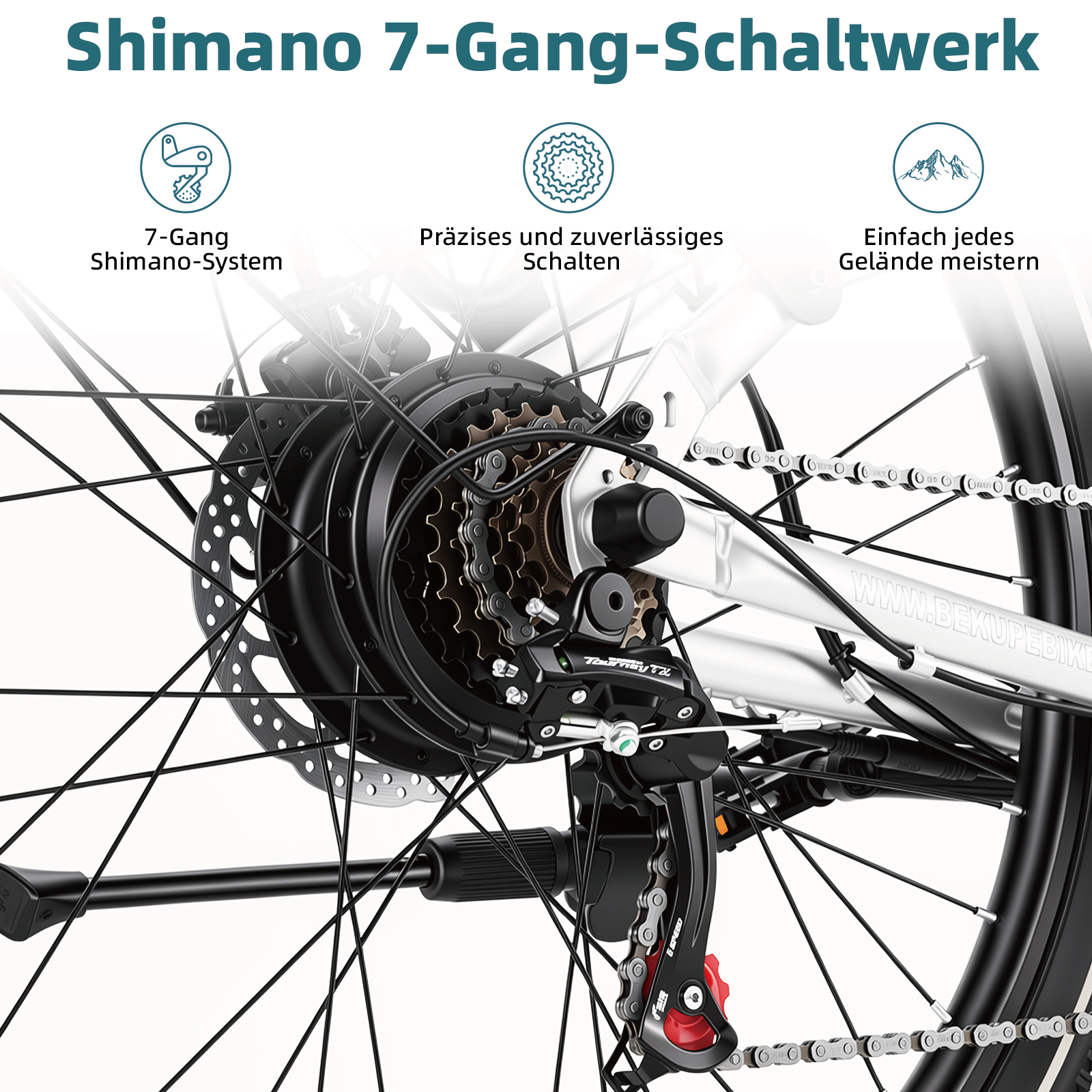 Nahaufnahme einer Shimano 7-Gang-Schaltung am Hinterrad eines Fahrrads mit Text und Symbolen.