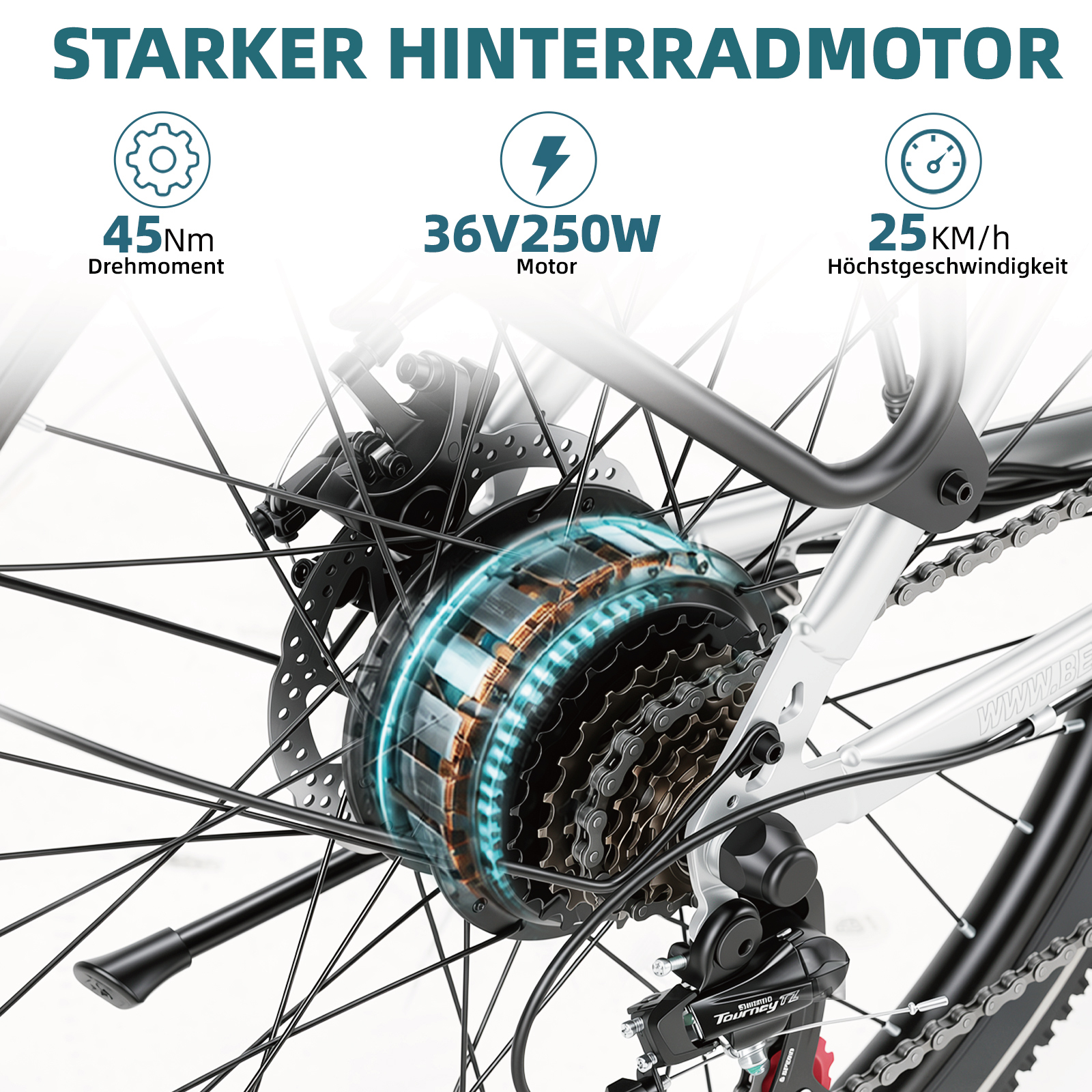E-Bike-Hinterrad mit markiertem Motor, Scheibenbremse und Schaltung, techn. Daten: 45Nm, 36V250W, 25km/h.