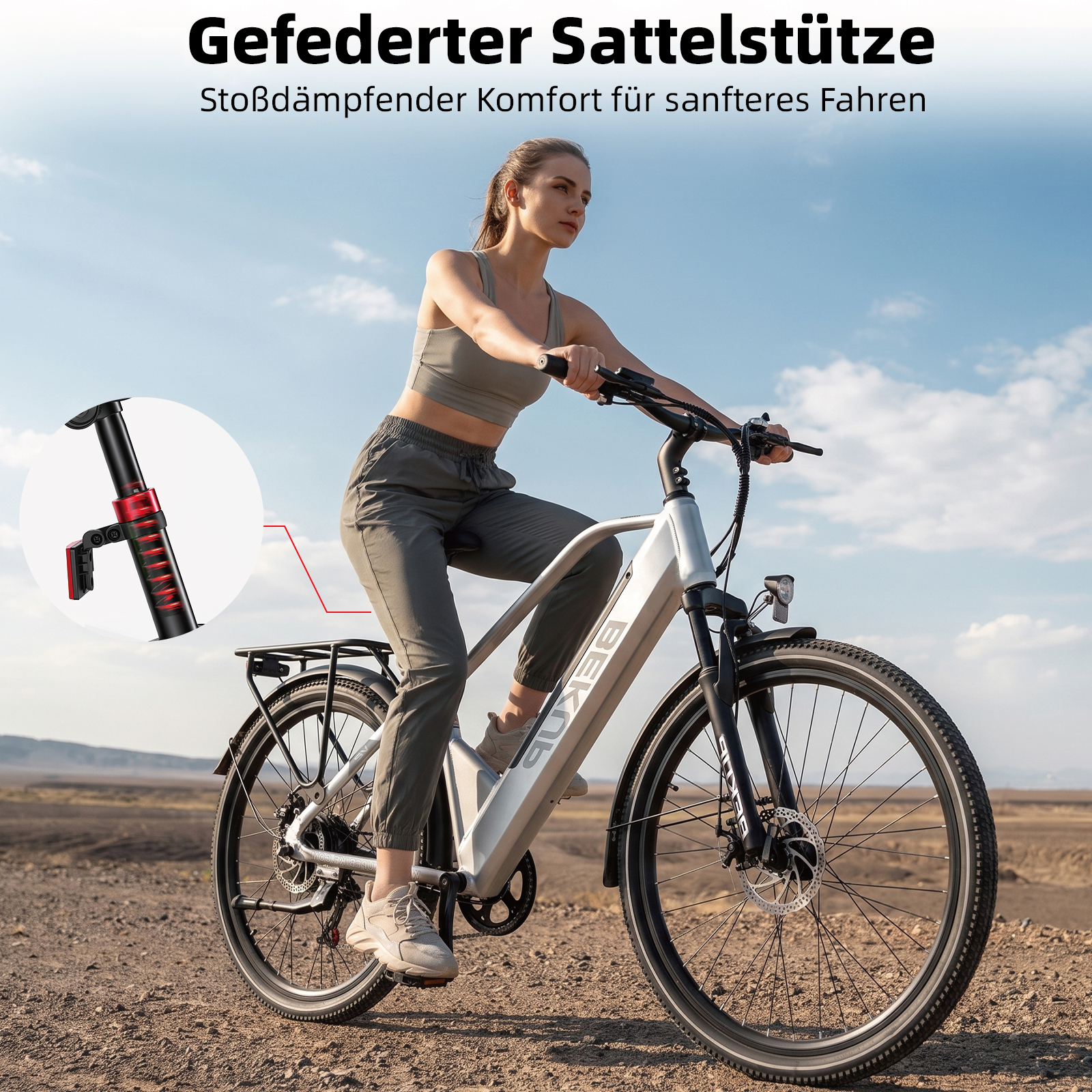 Eine Frau fährt ein silbernes E-Bike auf einem Feldweg, mit einem Detailbild des gefederten Sattels.