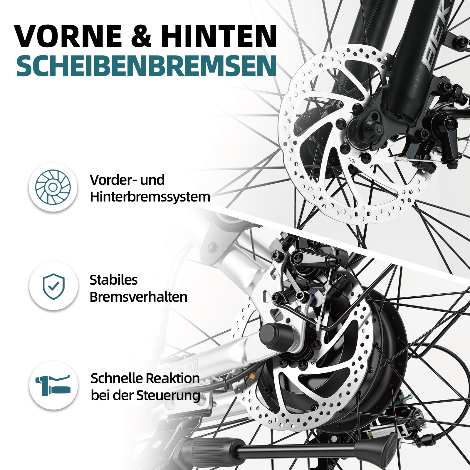 Fahrrad-Scheibenbremsen vorne und hinten mit Symbolen und deutschem Text für Stabilität und schnelle Reaktion.