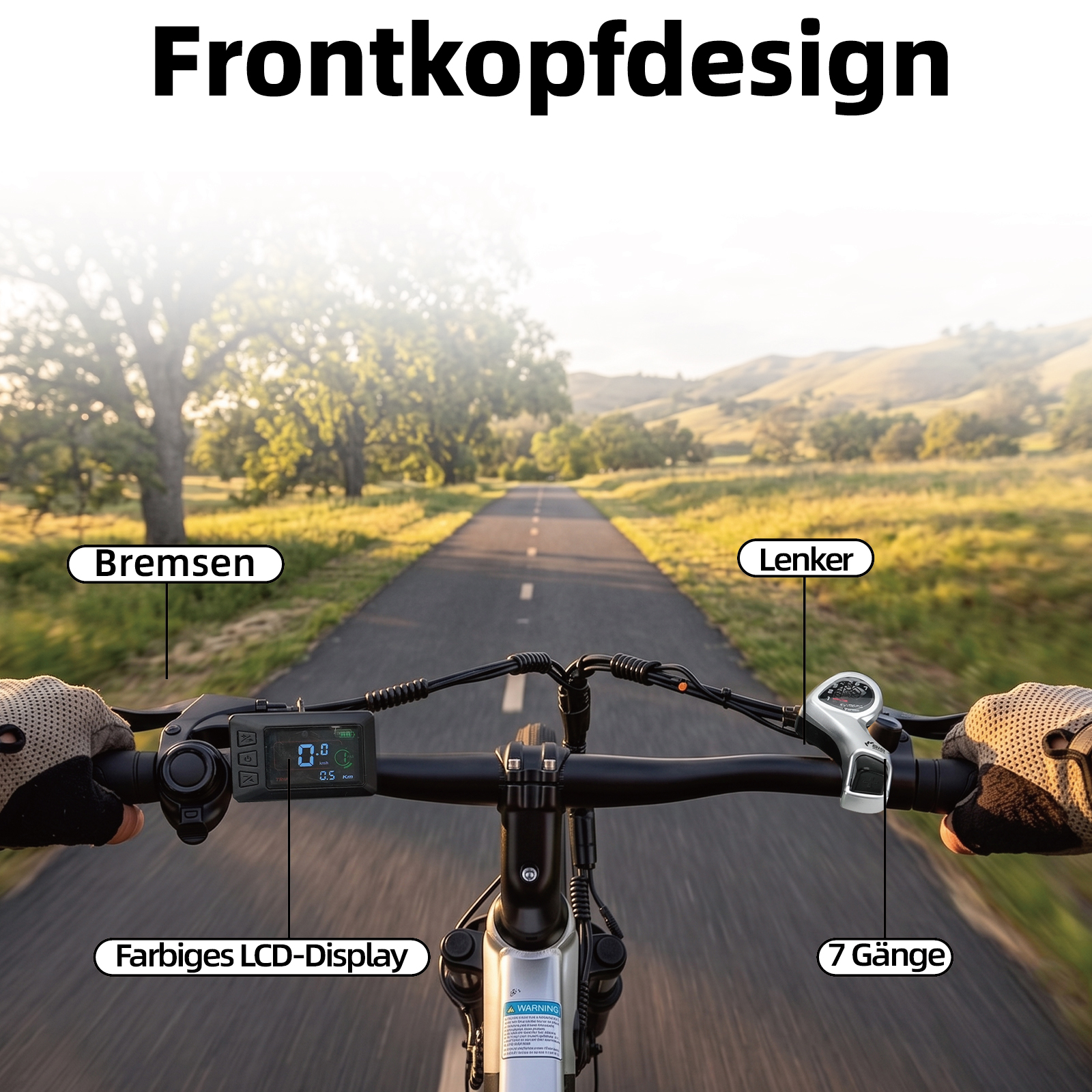 Fahrradlenker mit LCD-Display und Schaltung auf asphaltiertem Weg.