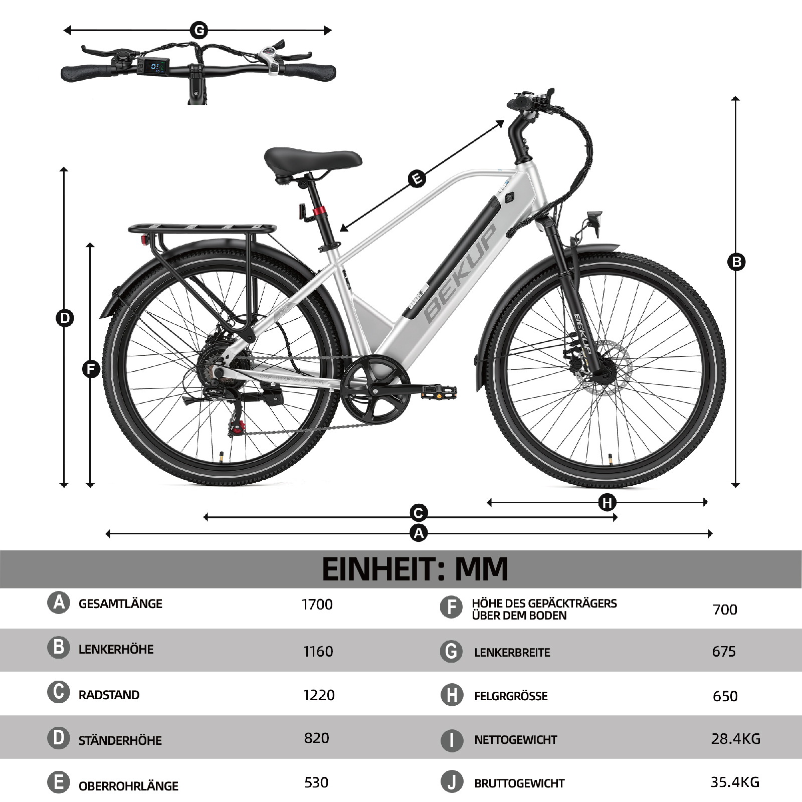 Diagramm eines silbernen Bekup E-Bikes mit Messungen der Abmessungen in Millimetern und Lenkerdetail.