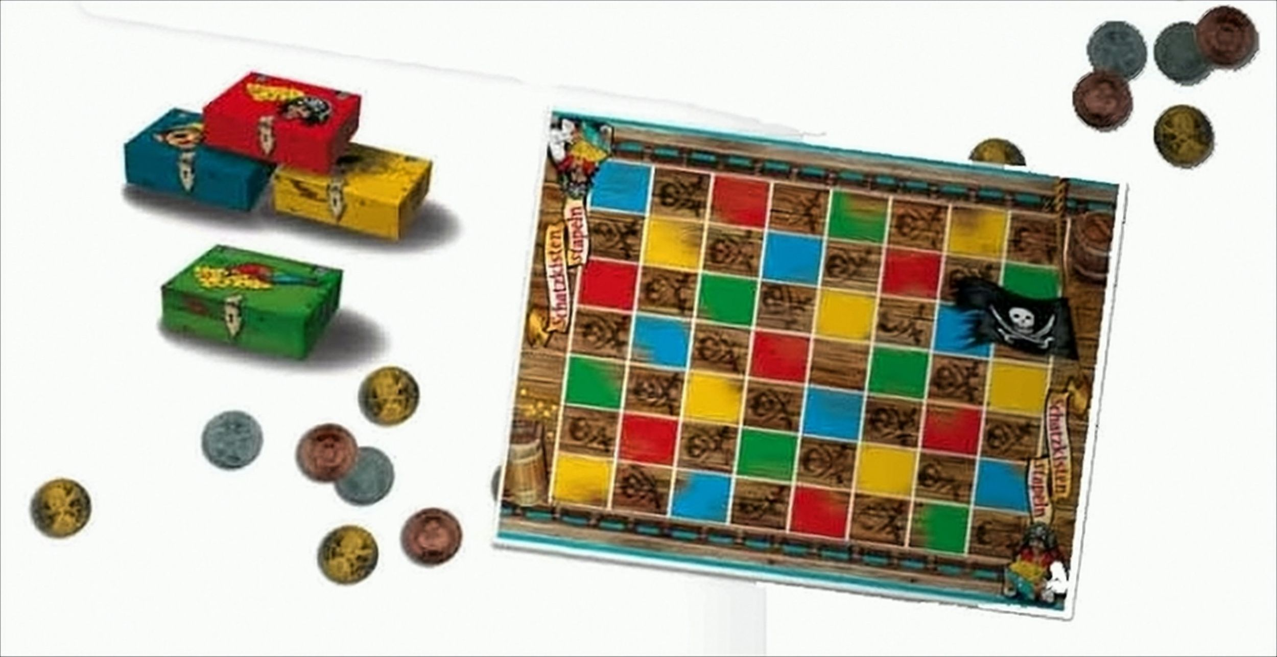 Ein Piratenspiel mit bunten Kisten, Münzen und einem farbigen Raster auf weißem Grund.