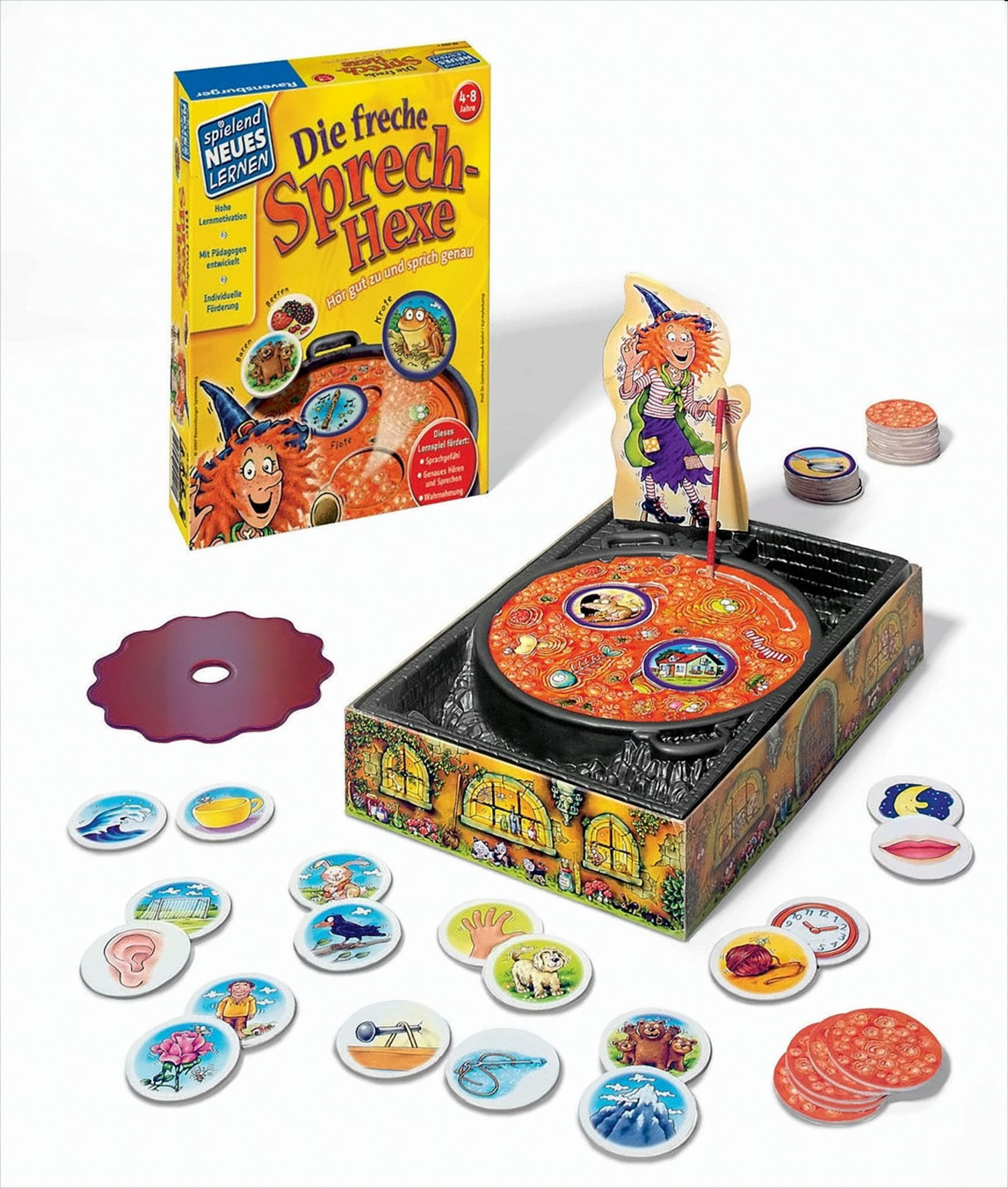 Das Brettspiel "Die freche Sprech-Hexe" mit gelber Schachtel, Spielbrett, Hexenfigur und runden Bildkarten.