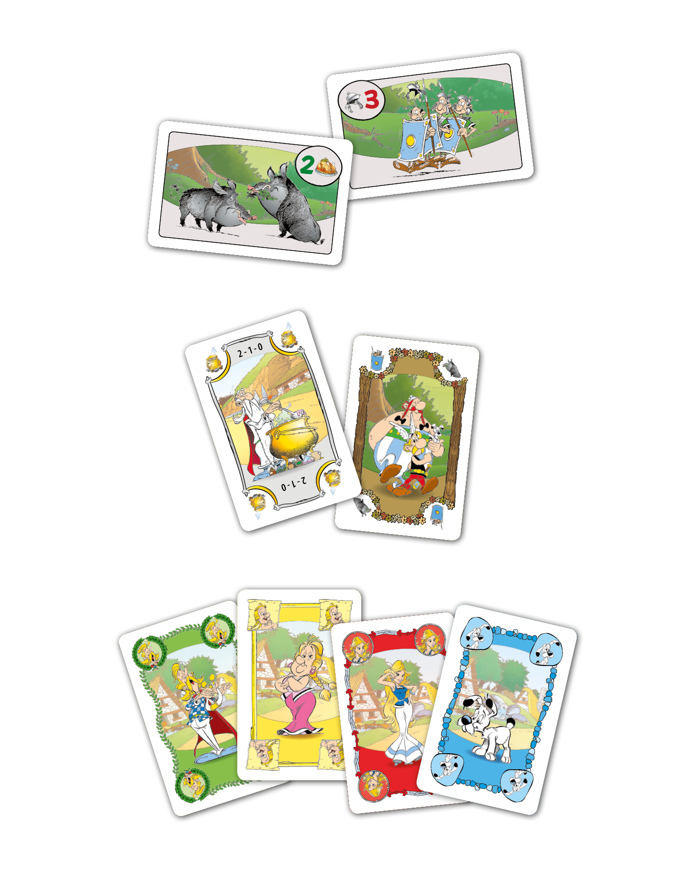 Verschiedene Asterix-Spielkarten mit Figuren, Wildschweinen und römischen Soldaten.