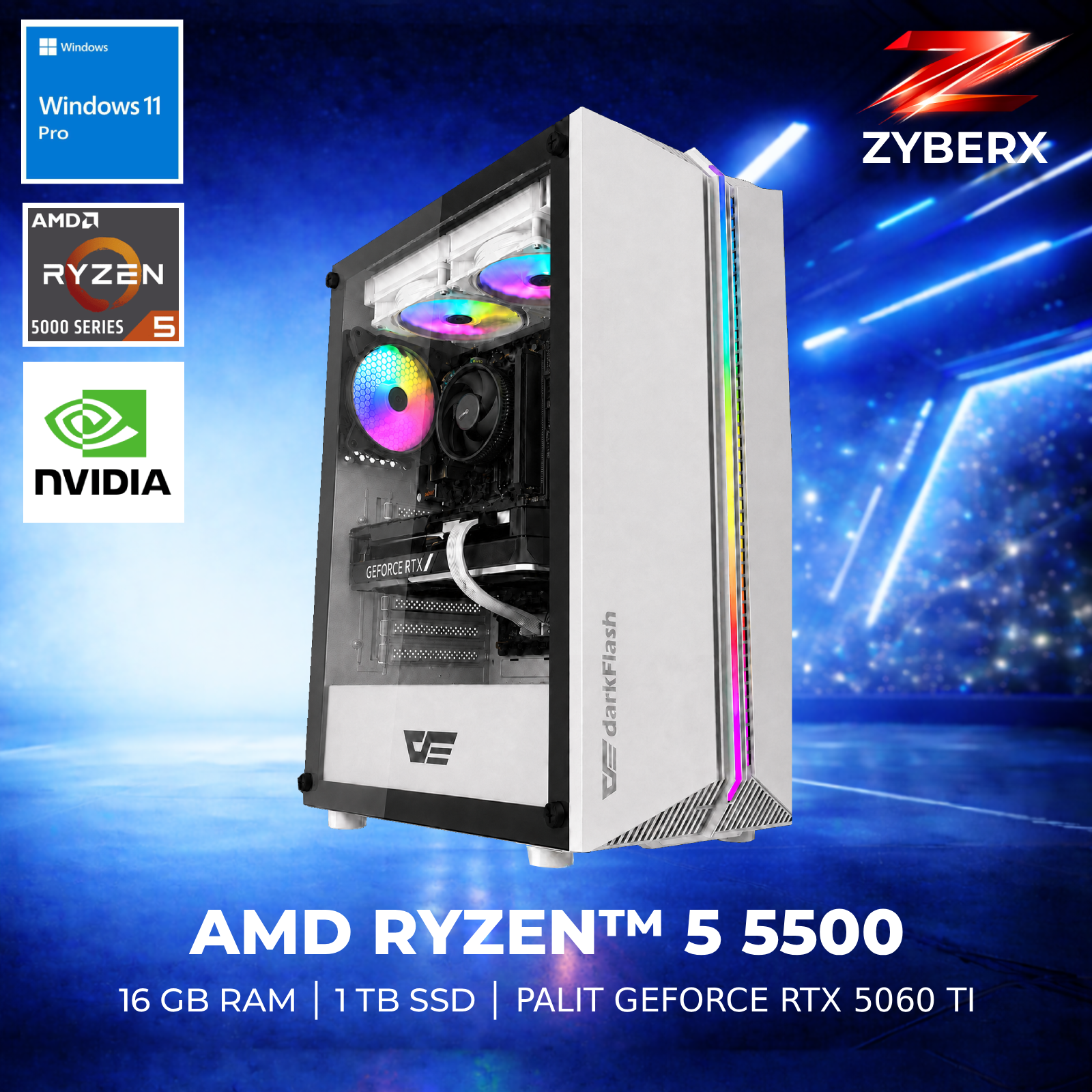 Ein weißer Gaming-PC mit RGB-Lüftern, AMD Ryzen 5 und Nvidia-Grafik vor blauem Stadion-Hintergrund.