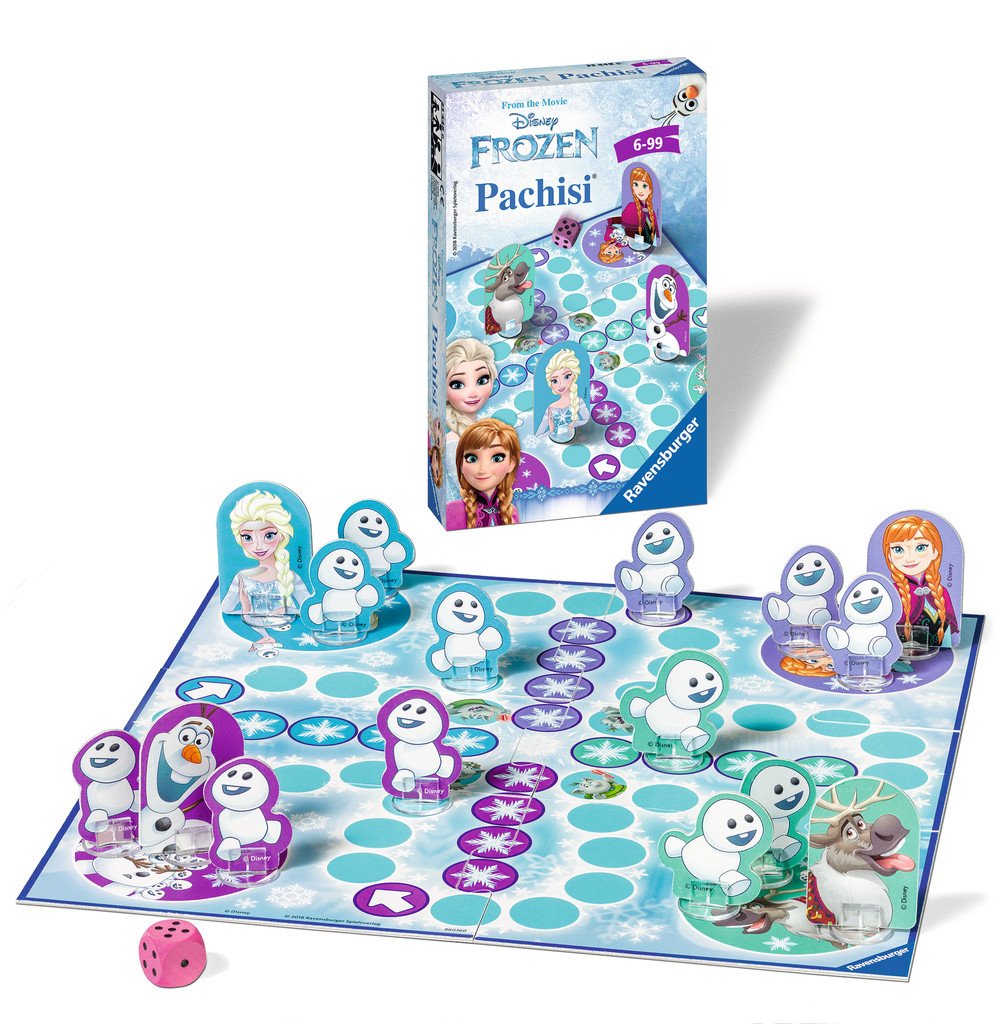 Disney Frozen Pachisi Brettspiel mit Figuren und einer rosa Würfel vor einer Box.