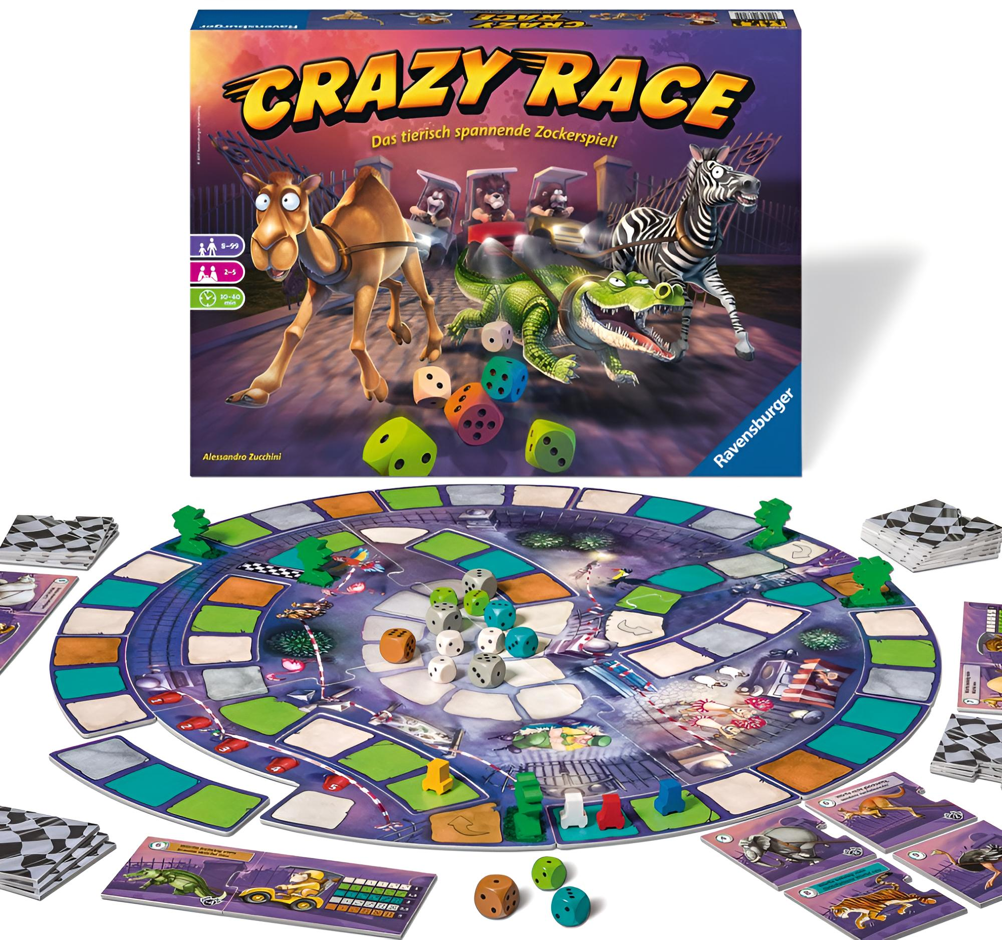 Brettspiel Crazy Race mit kreisförmiger Strecke, bunten Würfeln, Tierfiguren und Karten.