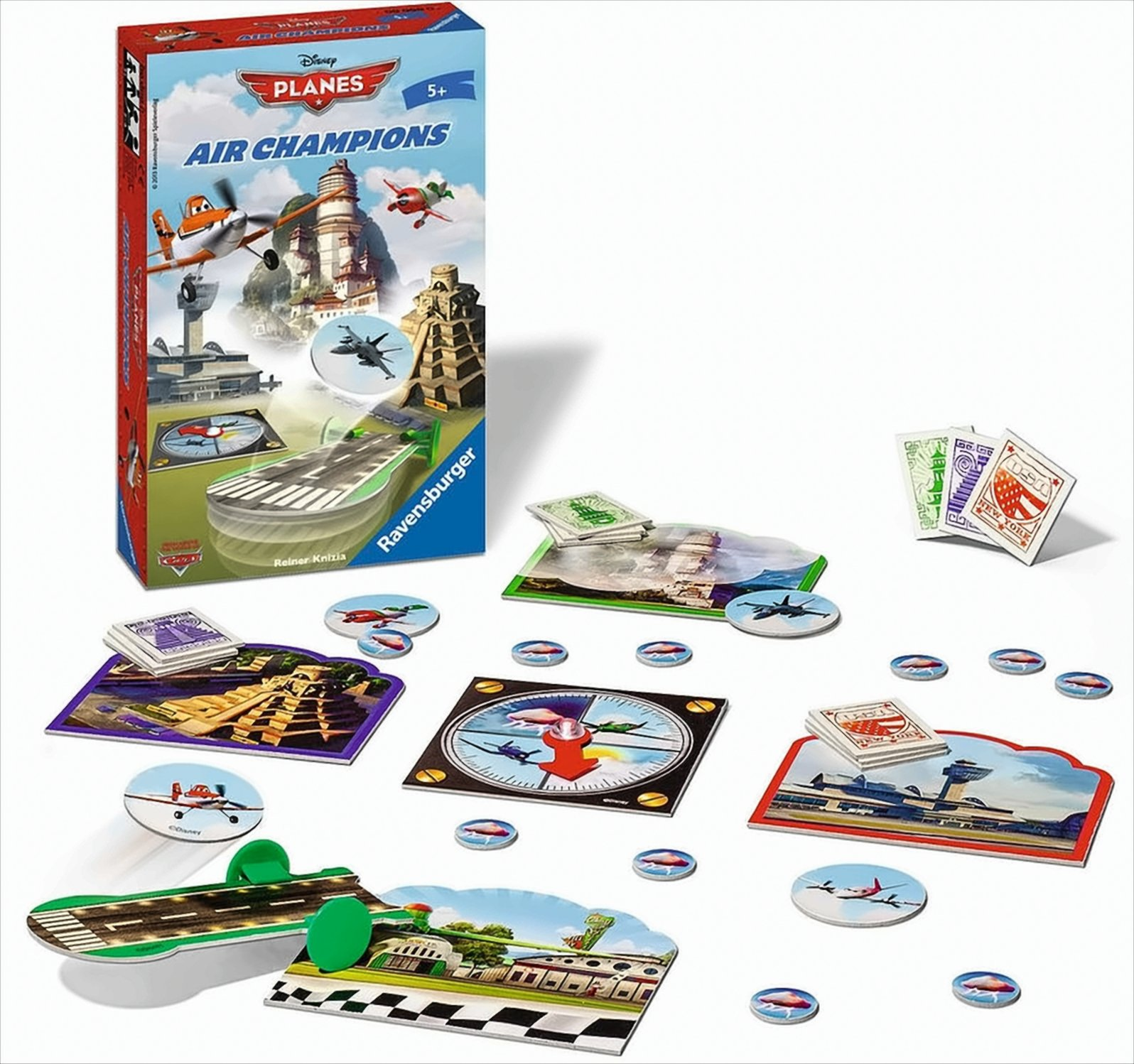 Disney Planes Air Champions Brettspiel mit Schachtel, Karten, Spielmarken und bunten Szenenkacheln auf weißem Boden.