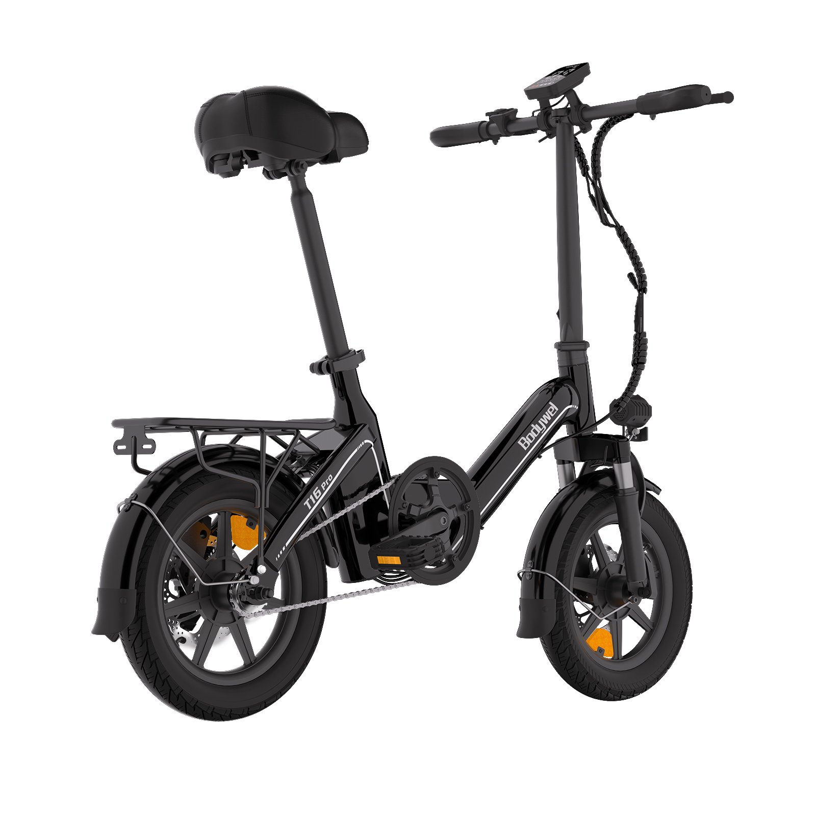 Ein schwarzes Klapp-E-Bike mit kleinem Rahmen, Gepäckträger und Display auf weißem Hintergrund.